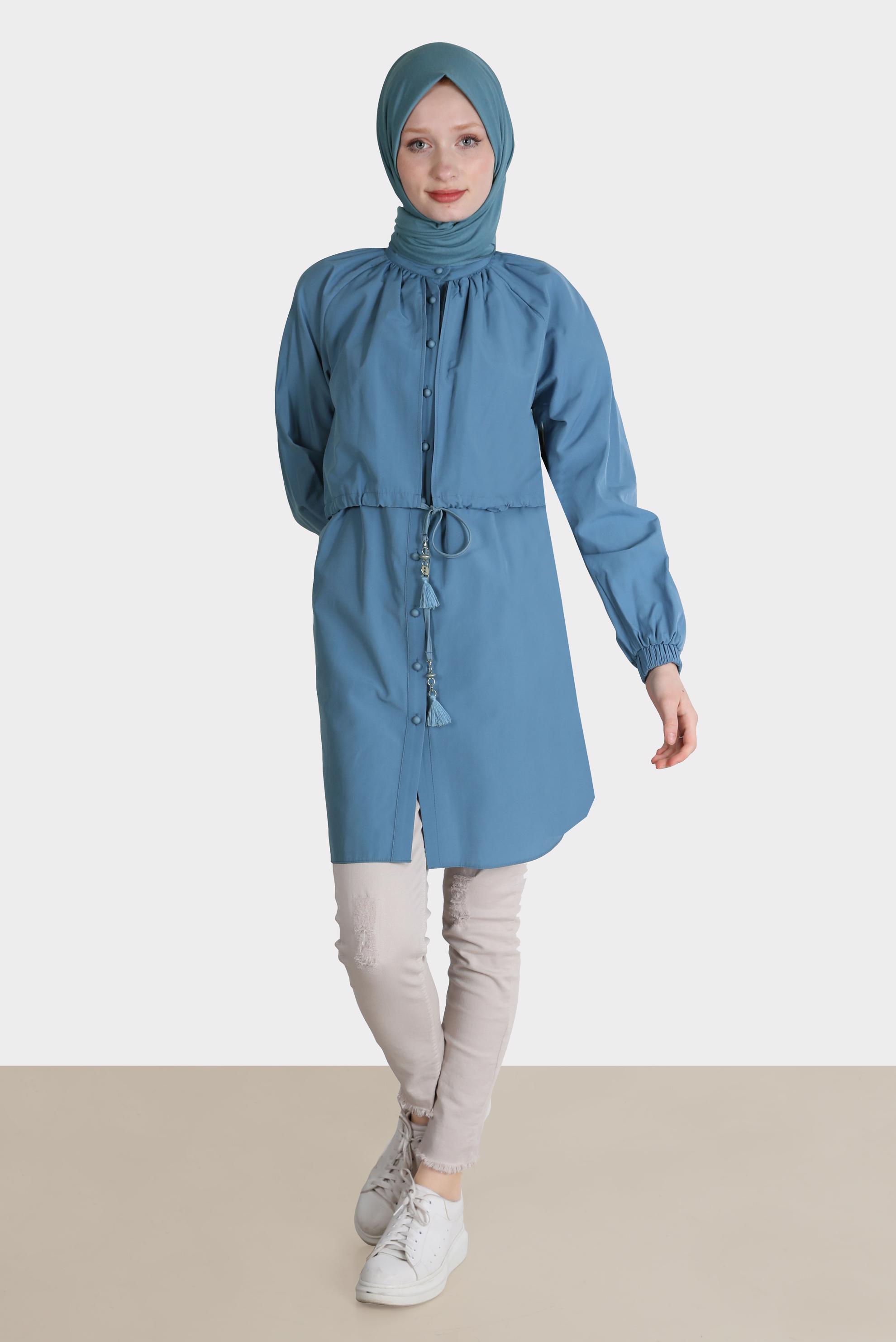 Tesettür giyim LACİVERT BELİ BÜZGÜLÜ DÜĞMELİ PAMUKLU TUNİK 42636 