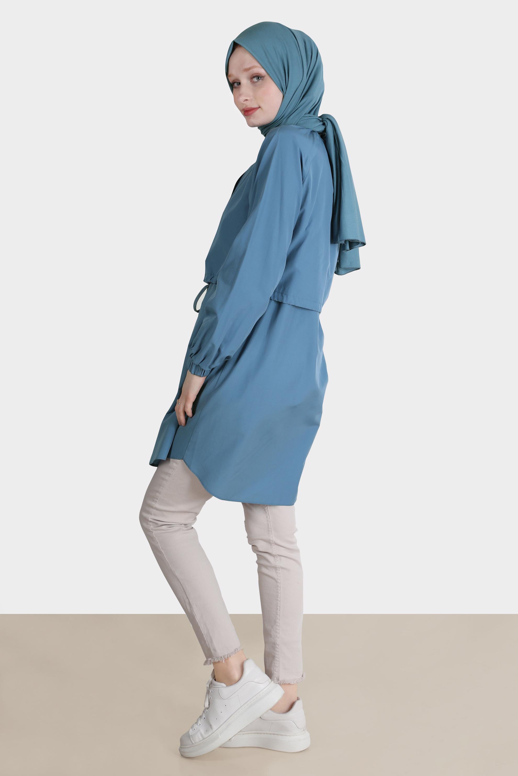 Tesettür giyim LACİVERT BELİ BÜZGÜLÜ DÜĞMELİ PAMUKLU TUNİK 42636 