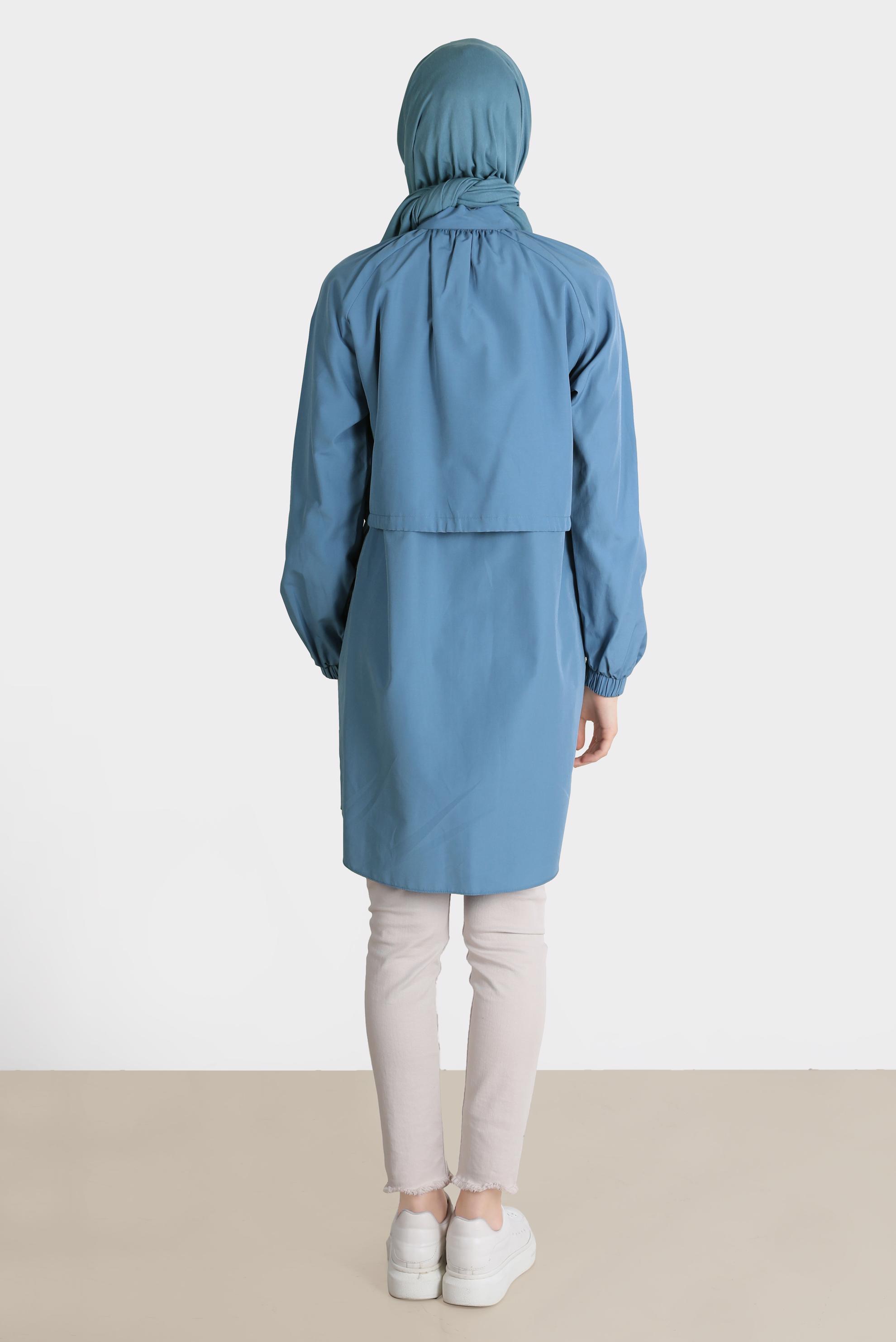 Tesettür giyim LACİVERT BELİ BÜZGÜLÜ DÜĞMELİ PAMUKLU TUNİK 42636 