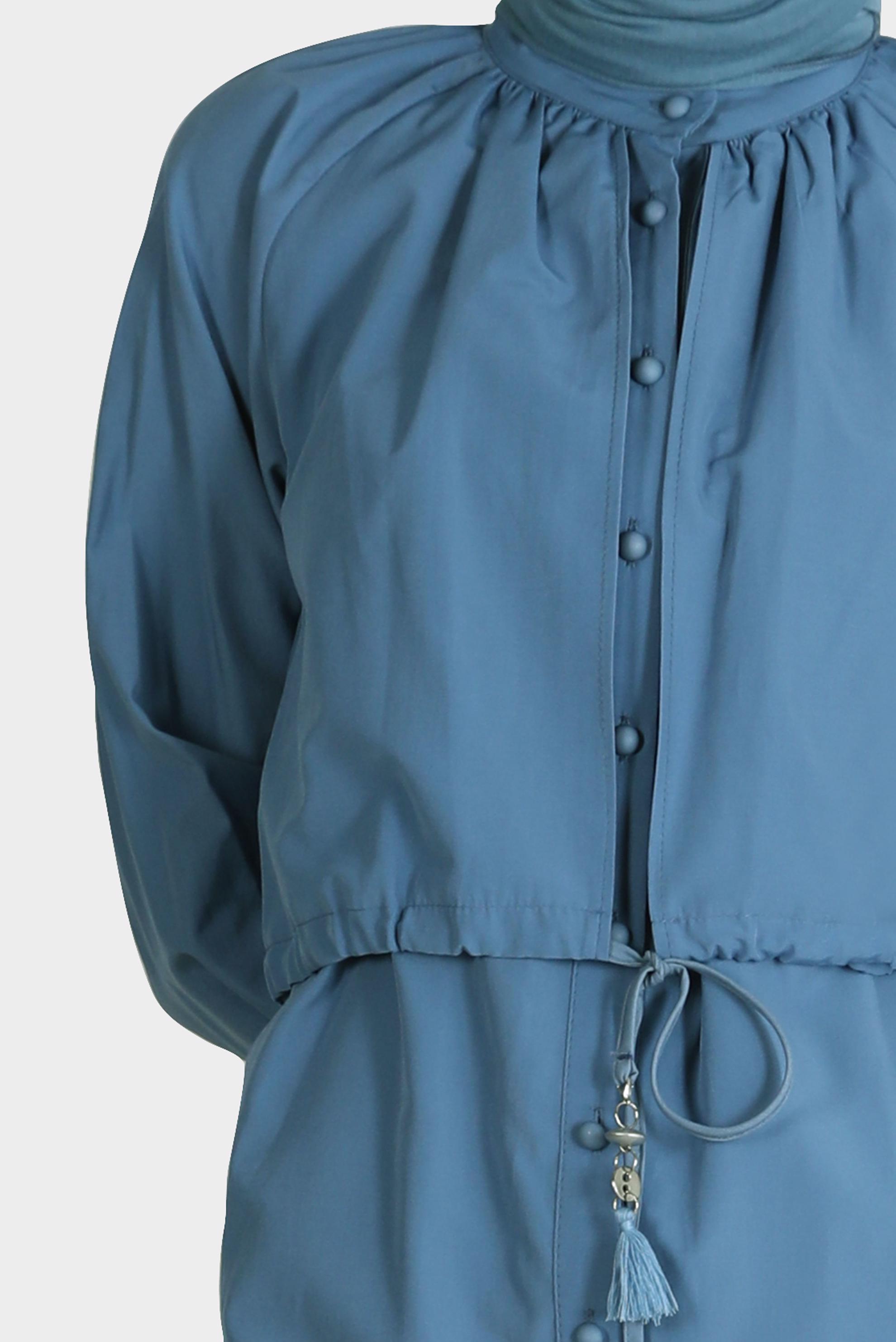 Tesettür giyim LACİVERT BELİ BÜZGÜLÜ DÜĞMELİ PAMUKLU TUNİK 42636 