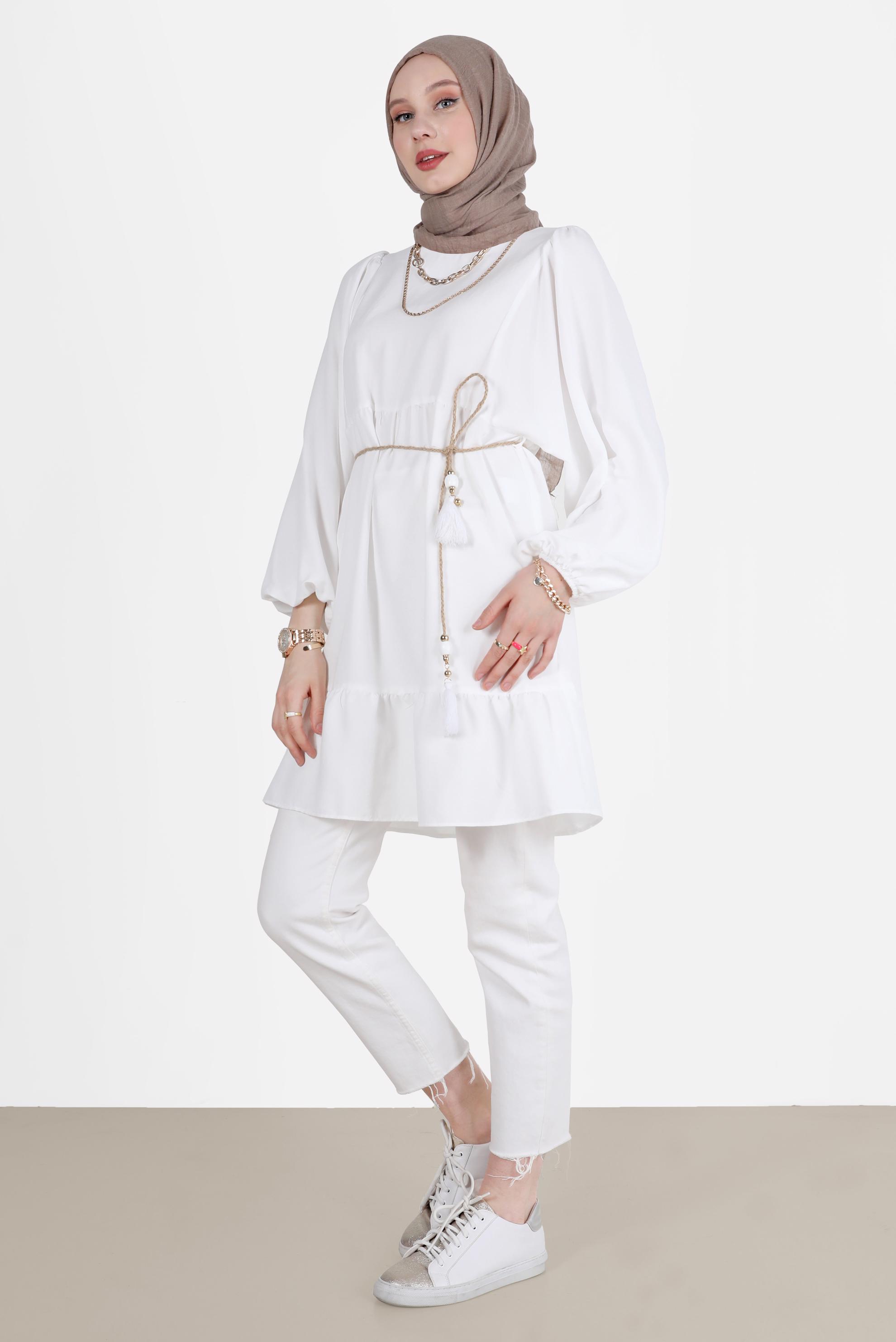 Tesettür giyim BEYAZ BALON KOL TUNİK 42637 