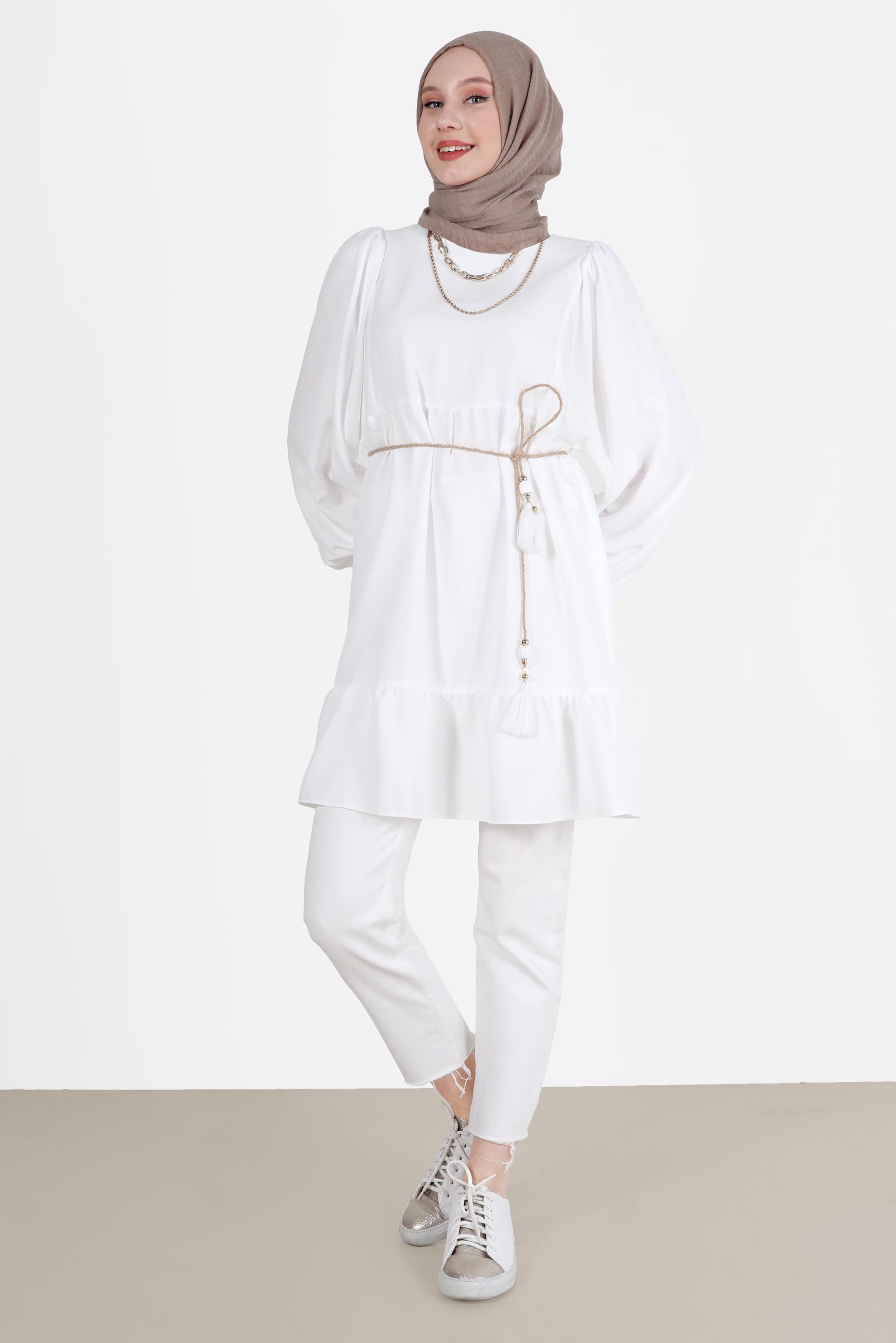 Tesettür giyim BEYAZ BALON KOL TUNİK 42637 