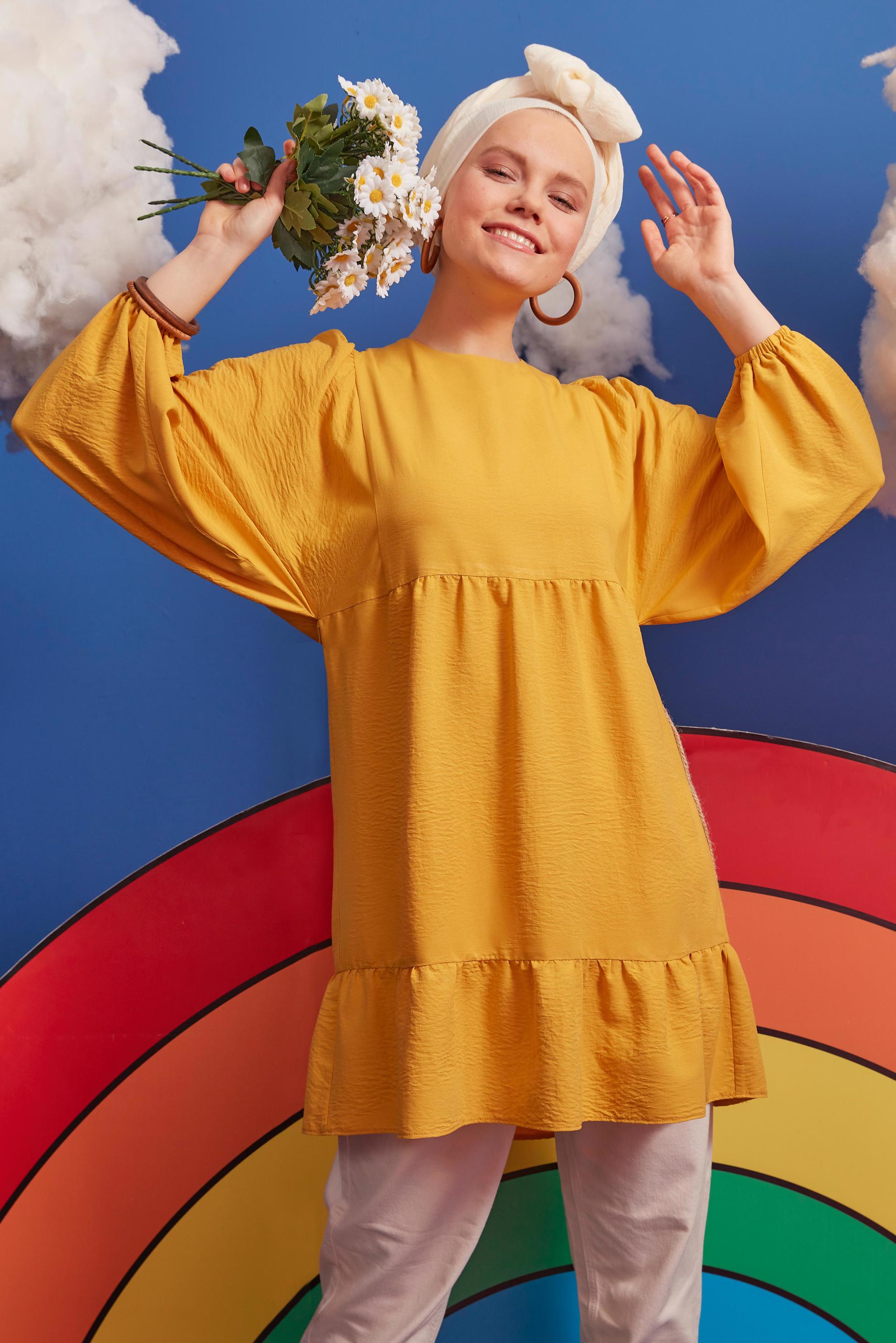 Tesettür giyim SARI BALON KOL TUNİK 42637 