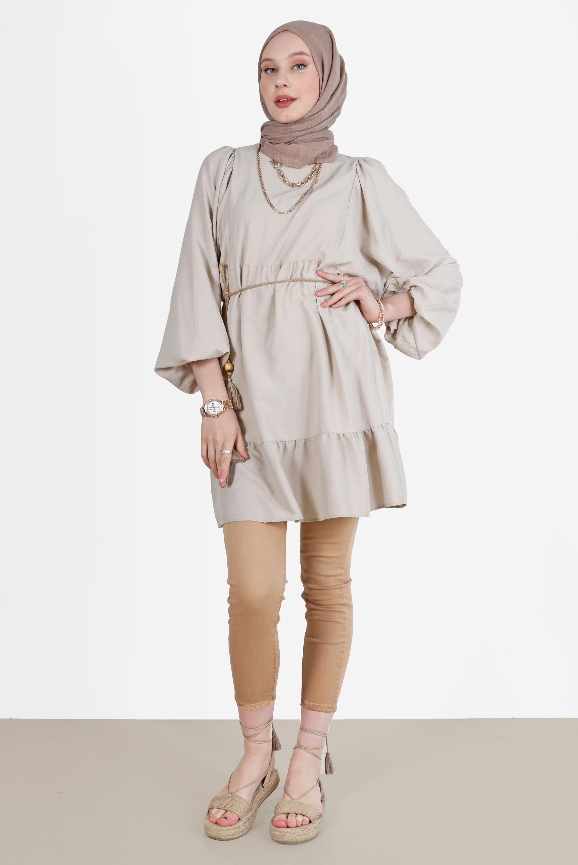 Tesettür giyim BEJ BALON KOL TUNİK 42637 