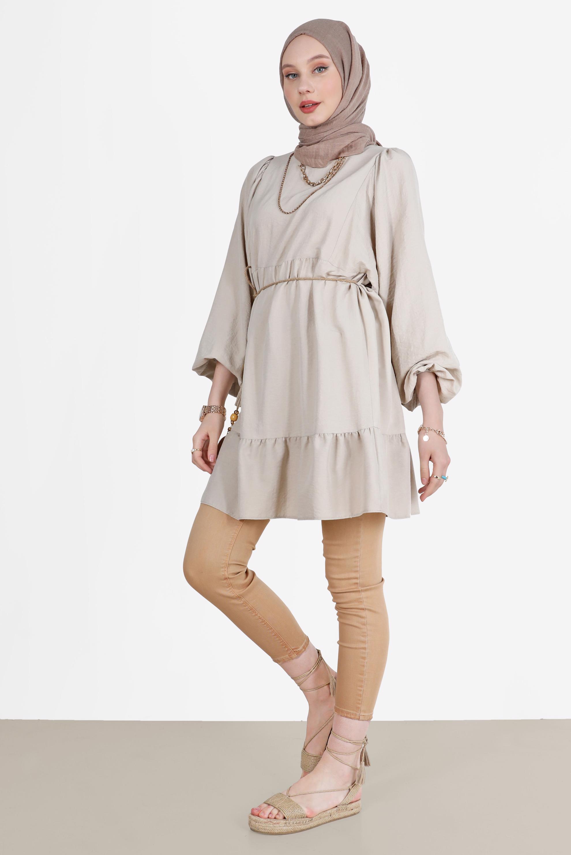 Tesettür giyim BEJ BALON KOL TUNİK 42637 
