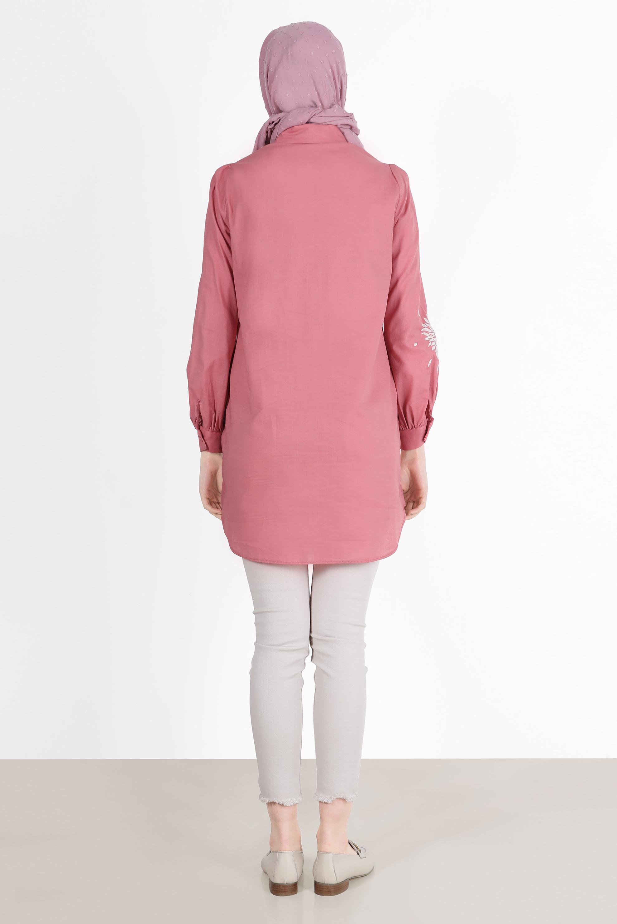 Tesettür giyim MERCAN NAKIŞ DETAYLI BOYDAN DÜĞMELİ PAMUKLU TUNİK 42638 