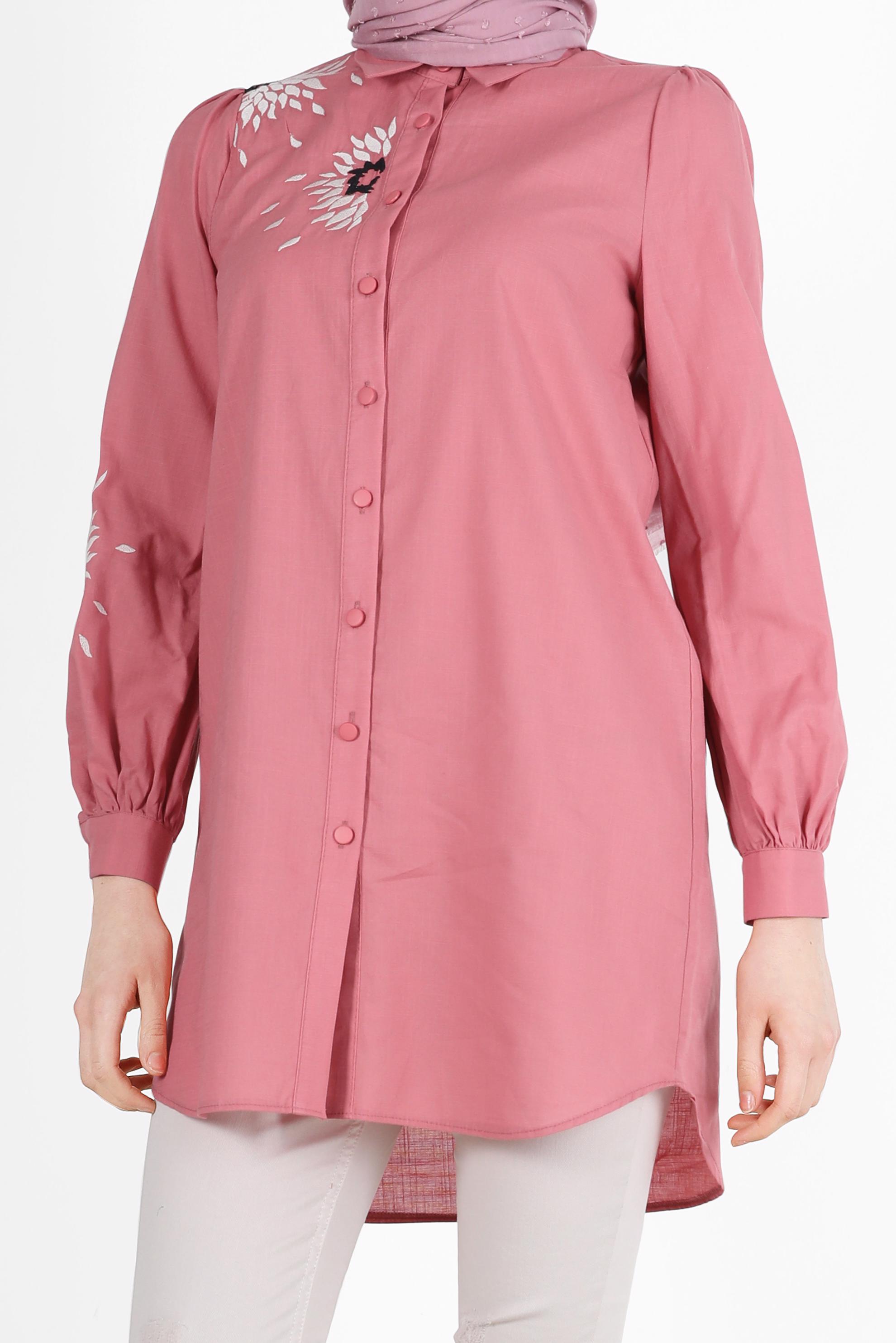 Tesettür giyim MERCAN NAKIŞ DETAYLI BOYDAN DÜĞMELİ PAMUKLU TUNİK 42638 