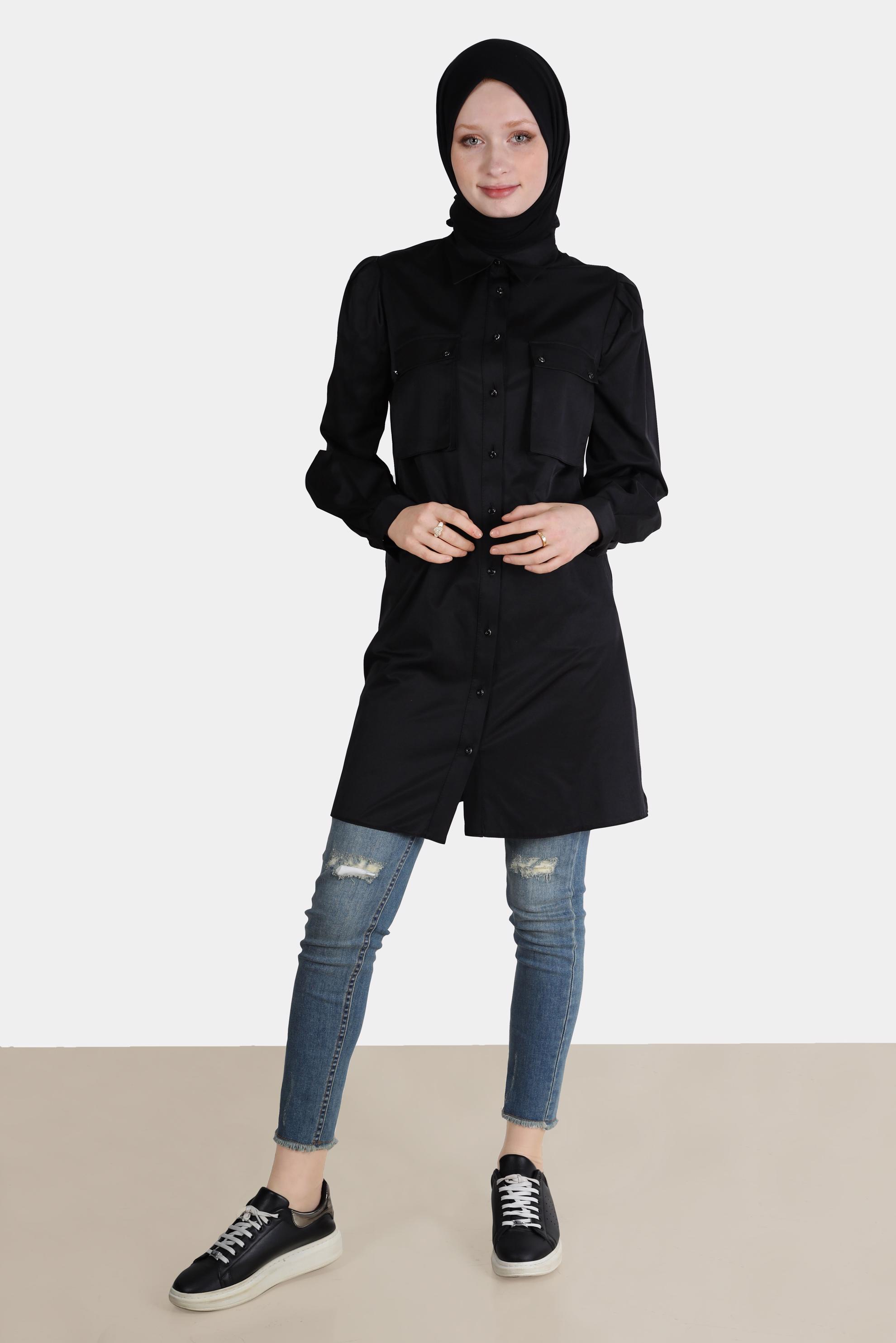 Tesettür giyim SİYAH BOYDAN DÜĞMELİ CEPLİ TUNİK 42639 