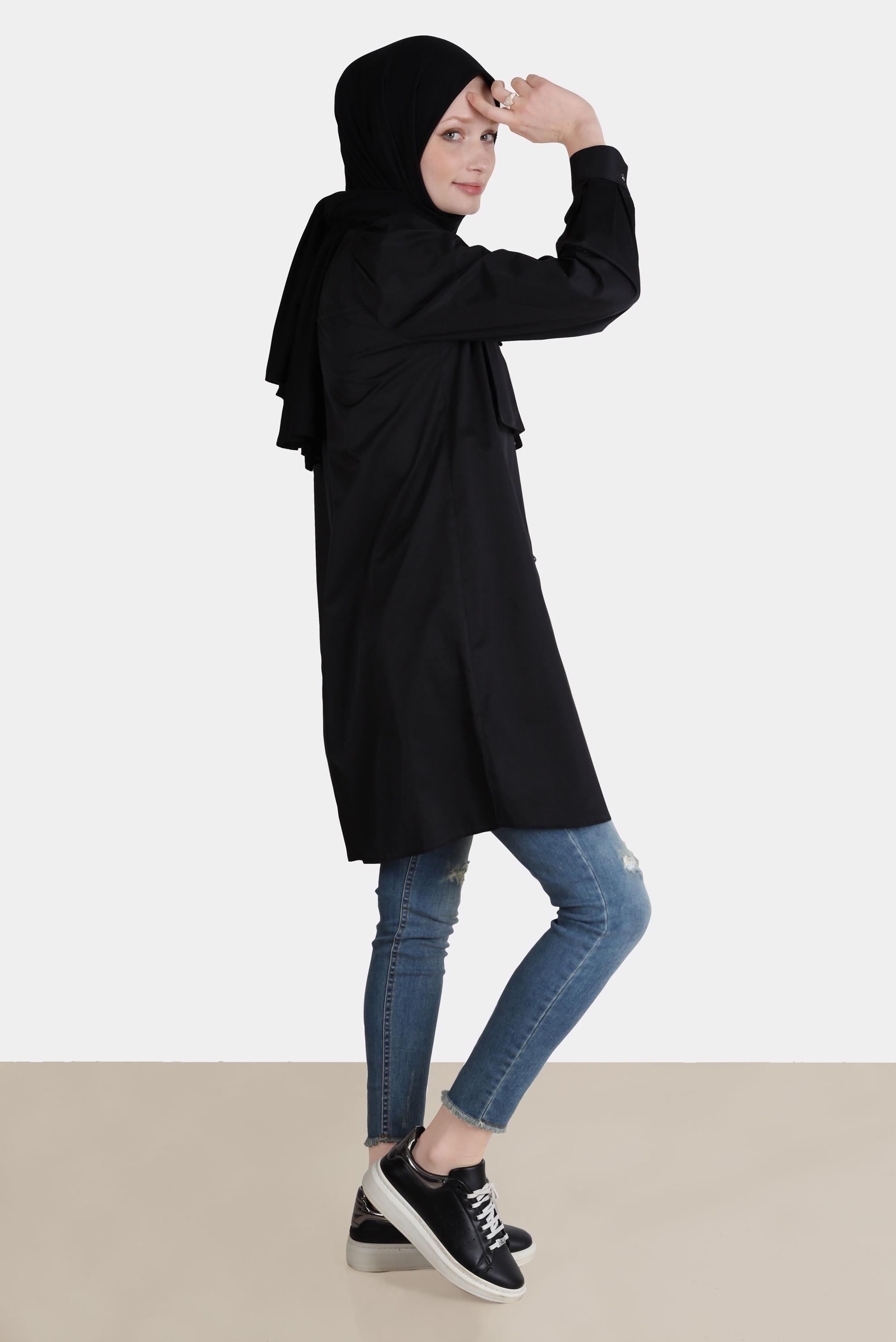 Tesettür giyim SİYAH BOYDAN DÜĞMELİ CEPLİ TUNİK 42639 