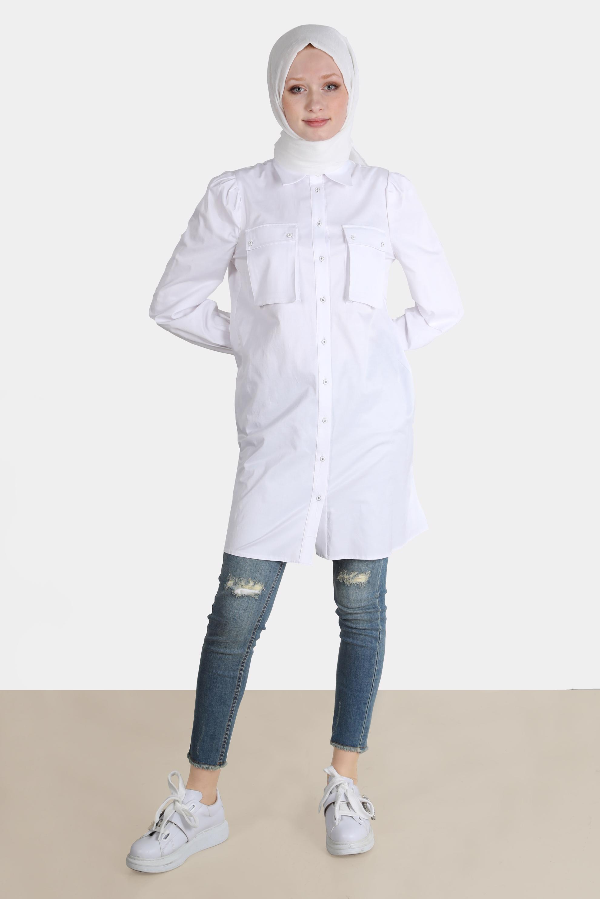 Tesettür giyim BEYAZ BOYDAN DÜĞMELİ CEPLİ TUNİK 42639 