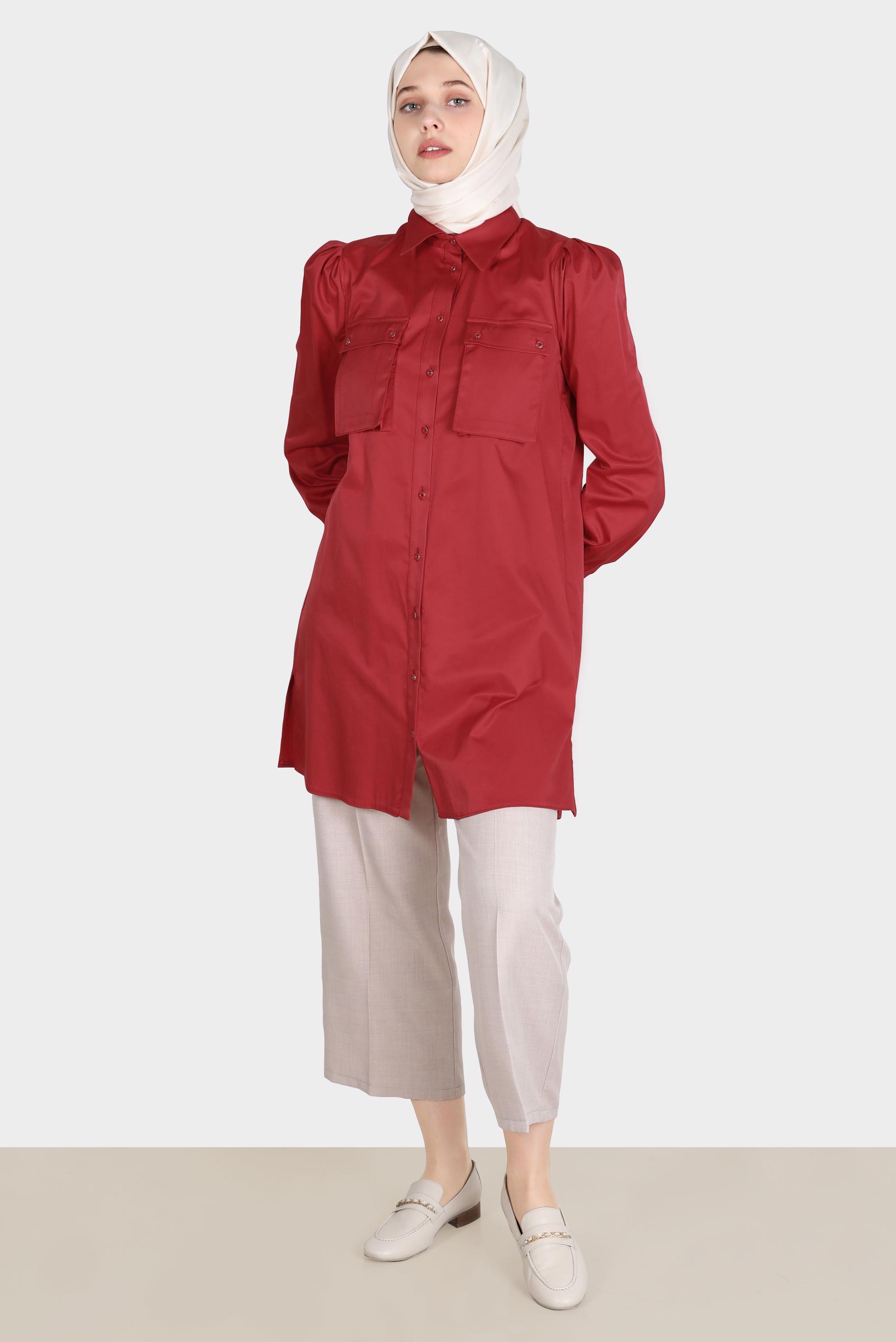 Tesettür giyim BORDO BOYDAN DÜĞMELİ CEPLİ TUNİK 42639 