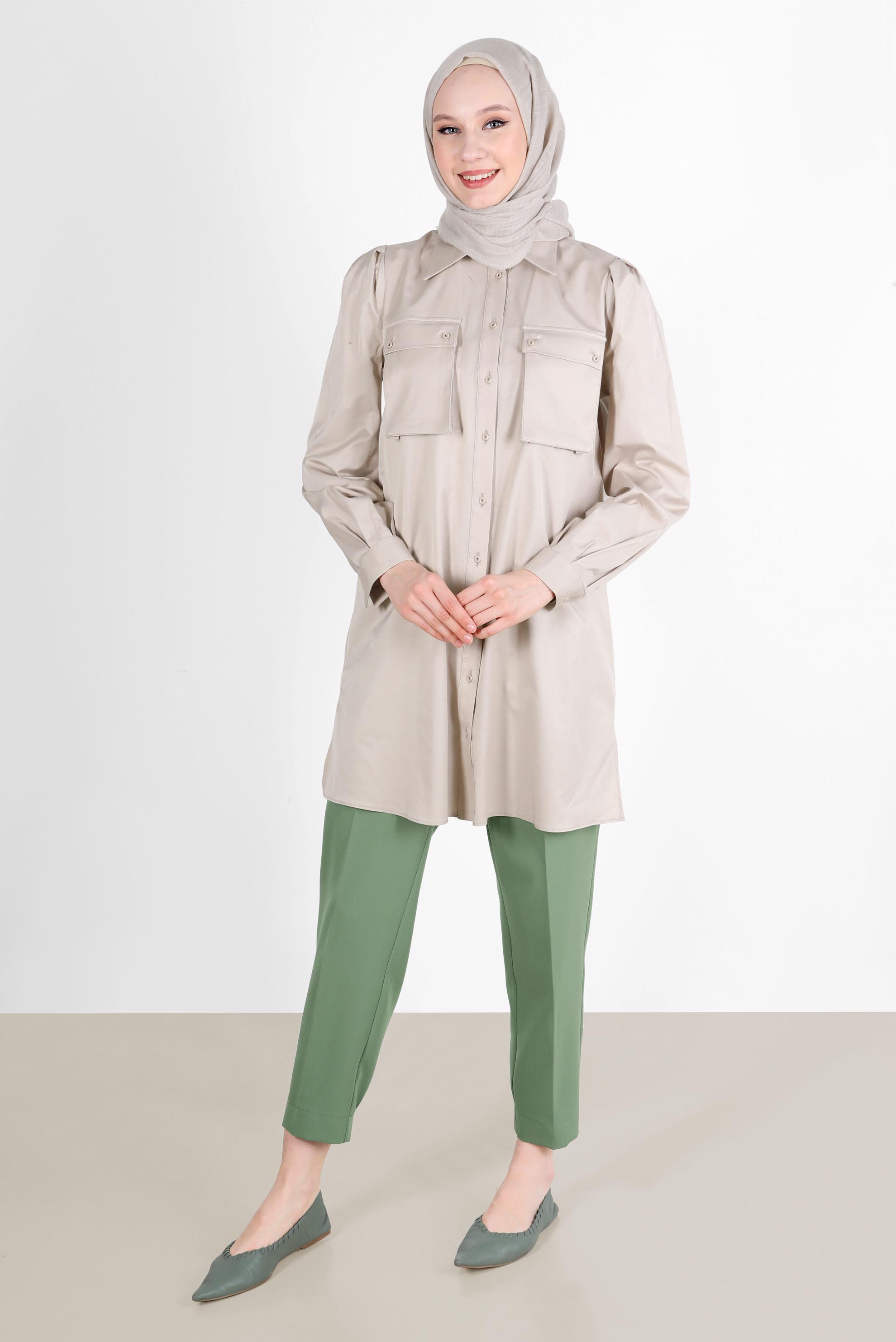 Tesettür giyim BEJ BOYDAN DÜĞMELİ CEPLİ TUNİK 42639 