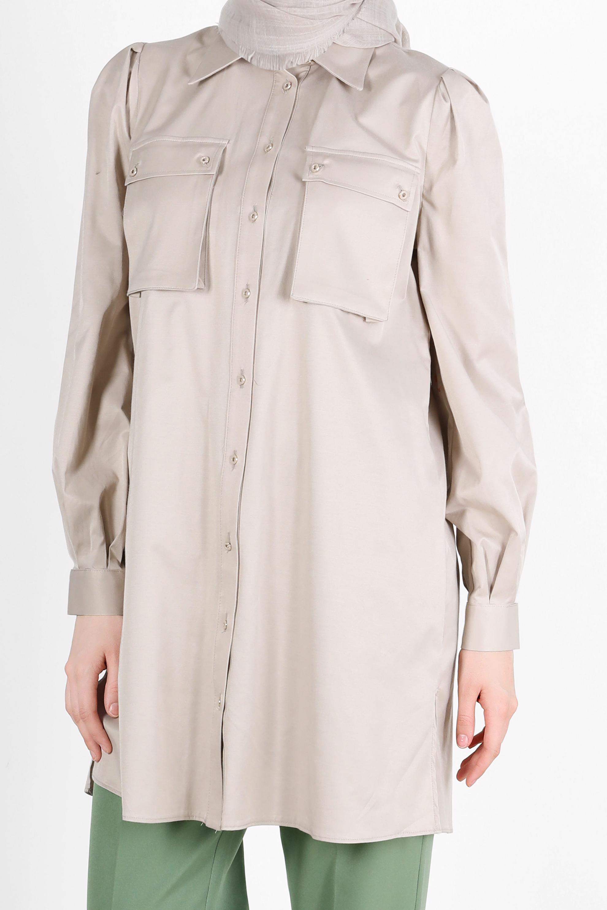 Tesettür giyim BEJ BOYDAN DÜĞMELİ CEPLİ TUNİK 42639 