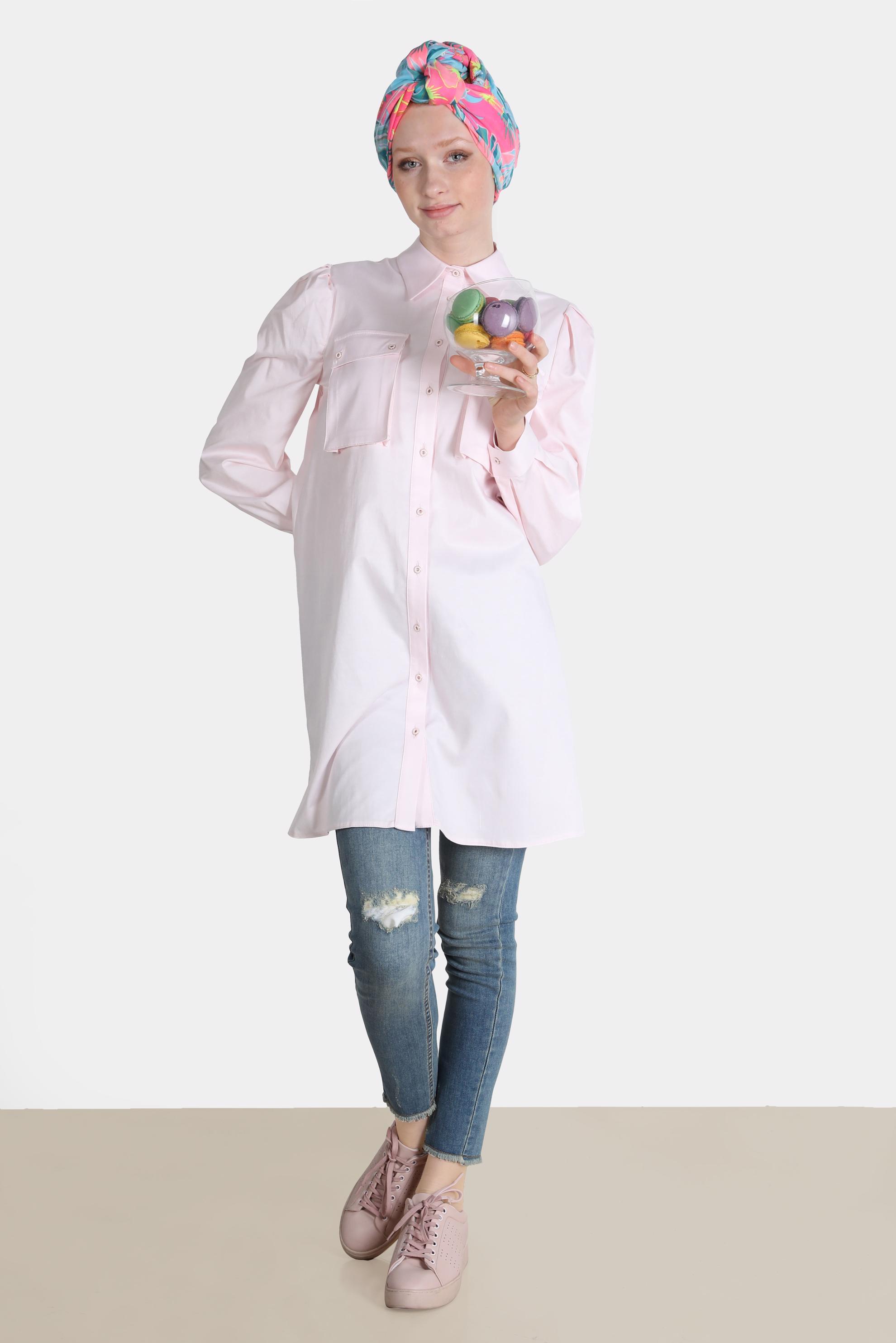 Tesettür giyim PEMBE BOYDAN DÜĞMELİ CEPLİ TUNİK 42639 