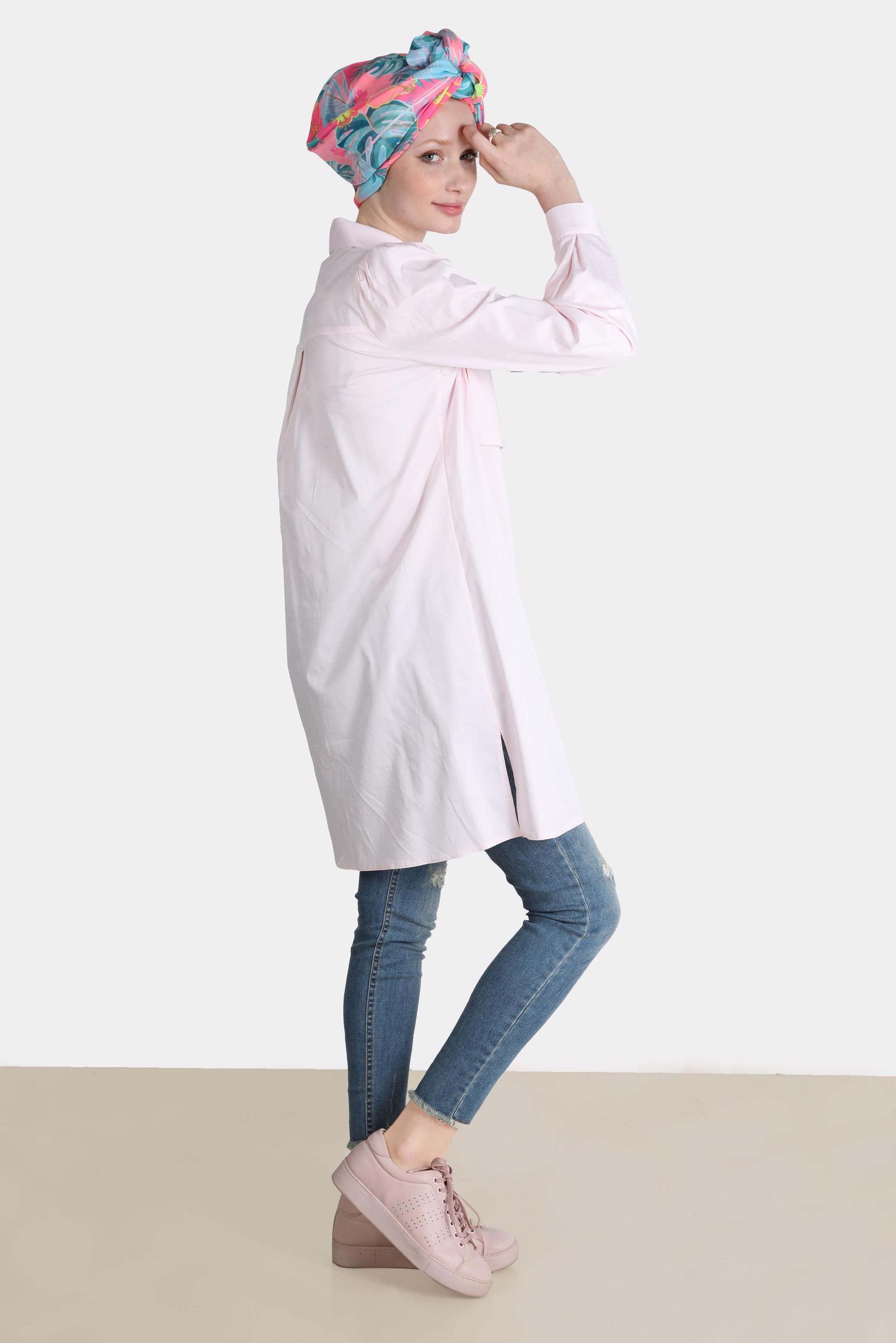 Tesettür giyim PEMBE BOYDAN DÜĞMELİ CEPLİ TUNİK 42639 