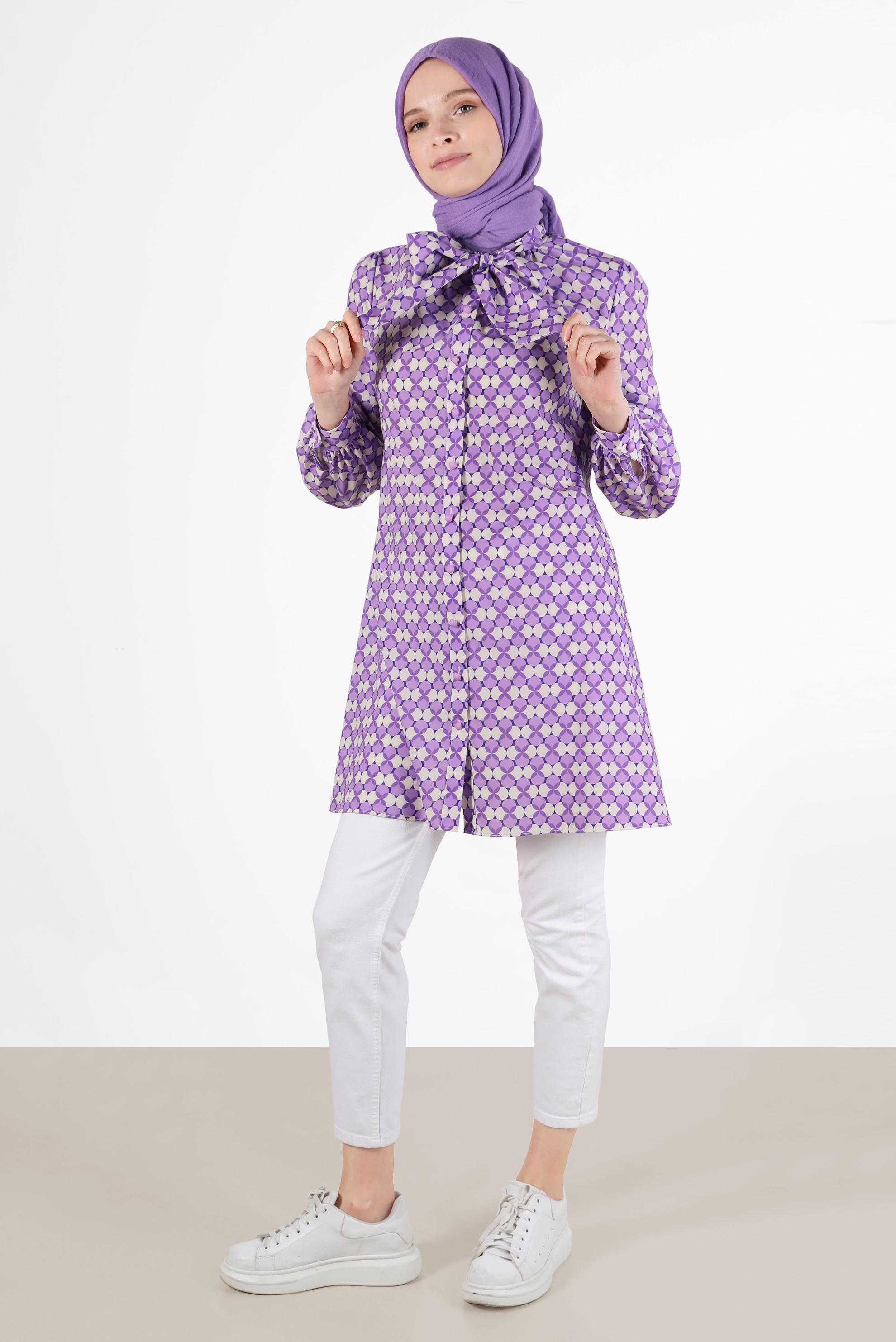 Tesettür giyim MOR BAĞLAMA DETAYLI DESENLİ TUNİK 42641-1 