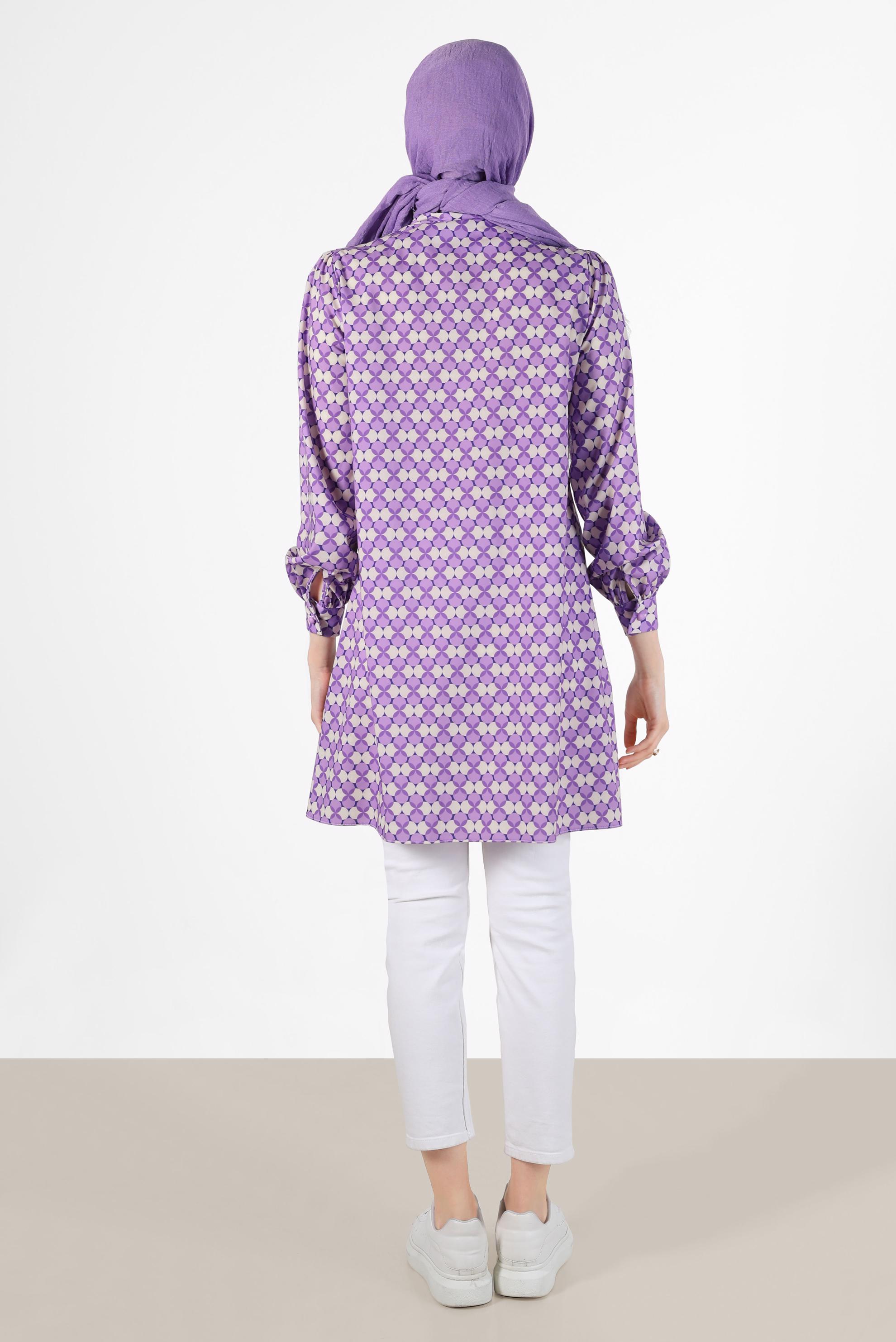 Tesettür giyim MOR BAĞLAMA DETAYLI DESENLİ TUNİK 42641-1 