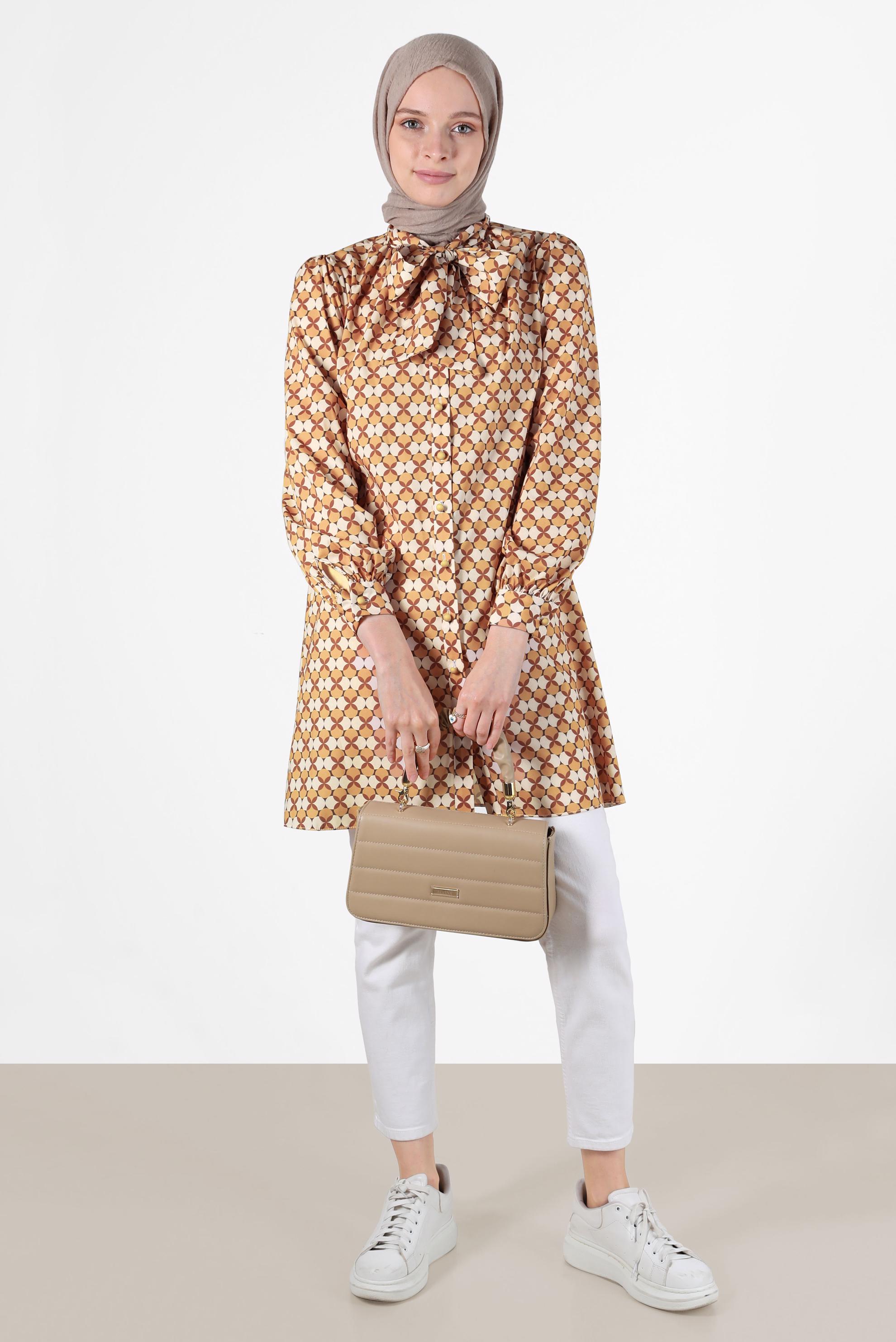 Tesettür giyim TABA BAĞLAMA DETAYLI DESENLİ TUNİK 42641-1 