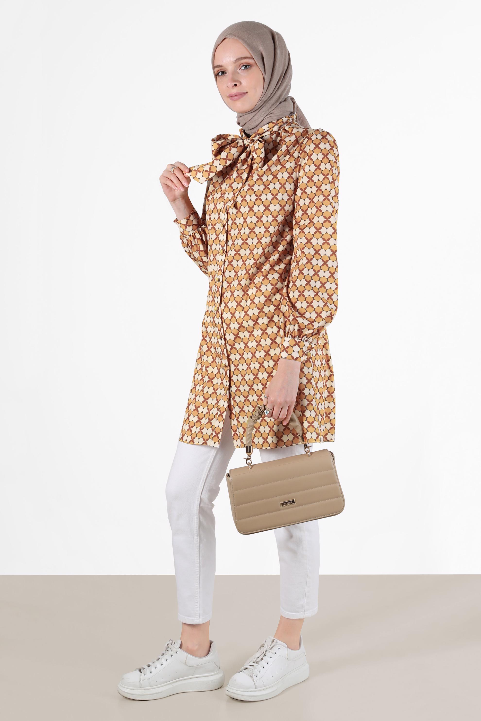 Tesettür giyim TABA BAĞLAMA DETAYLI DESENLİ TUNİK 42641-1 