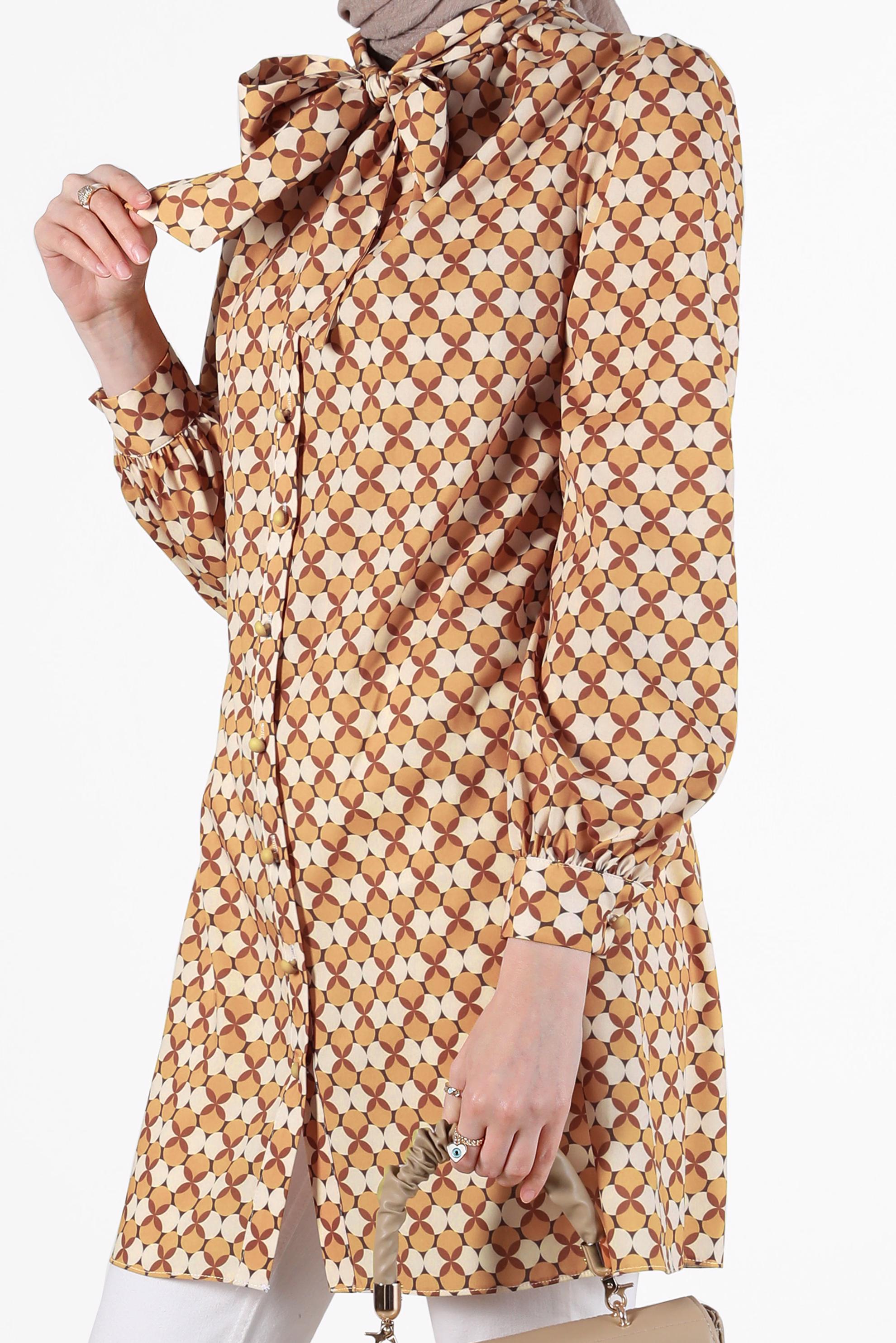 Tesettür giyim TABA BAĞLAMA DETAYLI DESENLİ TUNİK 42641-1 