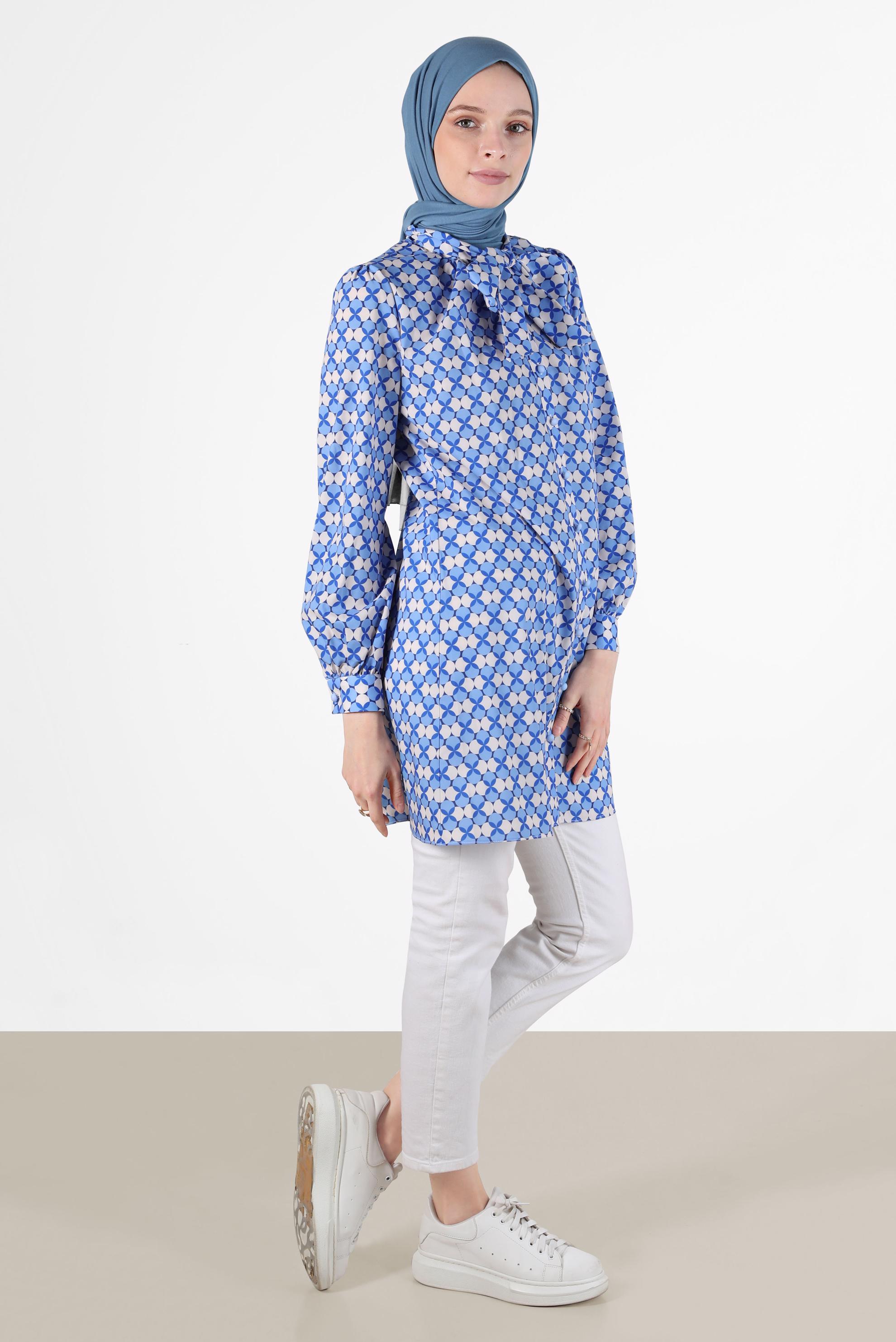 Tesettür giyim LACİVERT BAĞLAMA DETAYLI DESENLİ TUNİK 42641-1 