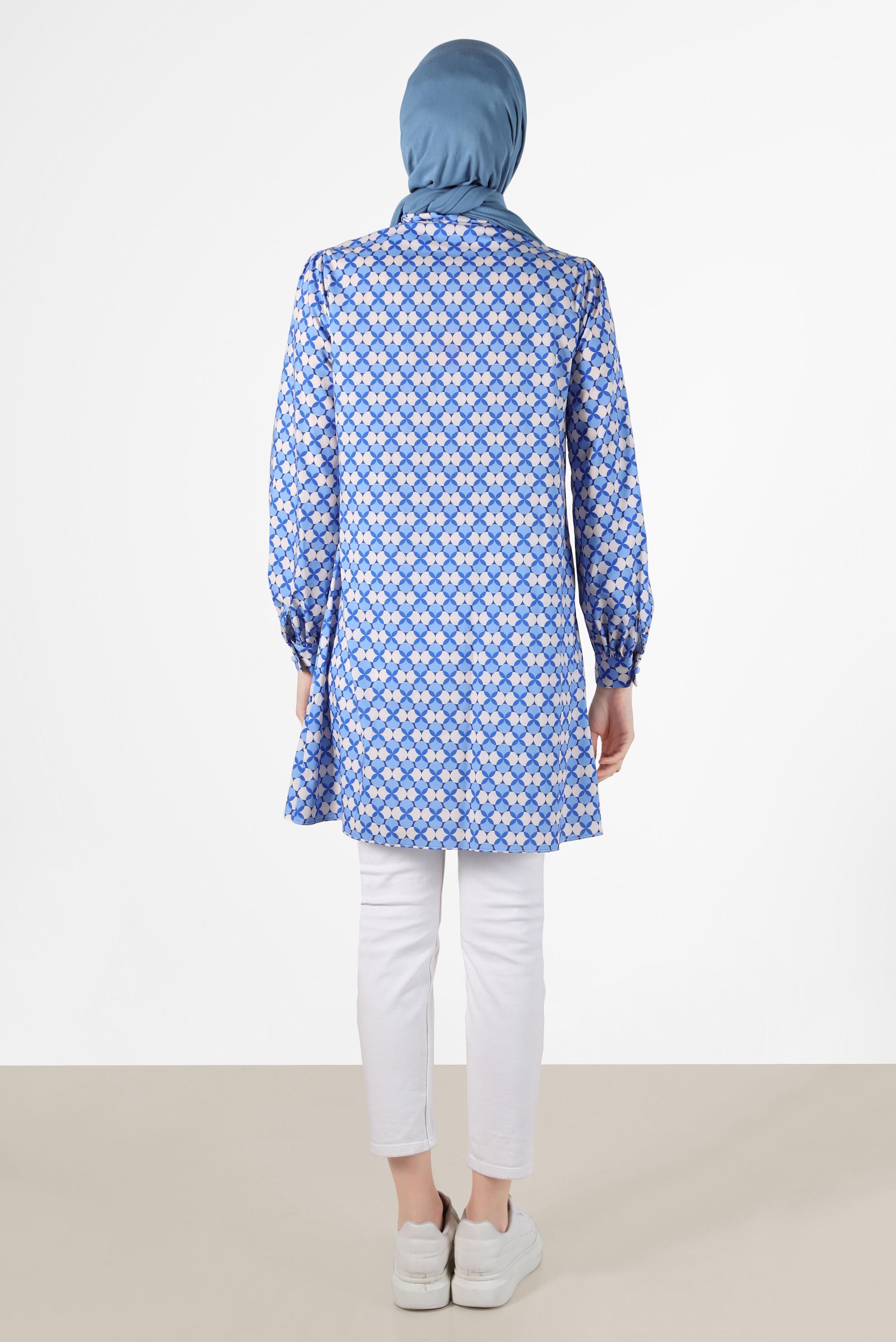 Tesettür giyim LACİVERT BAĞLAMA DETAYLI DESENLİ TUNİK 42641-1 