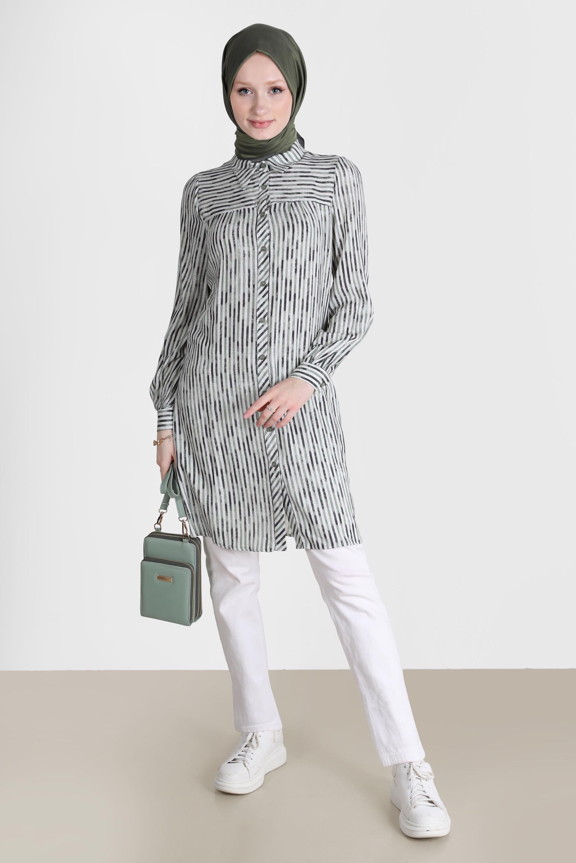 Tesettür giyim HAKİ ÇİZGİLİ DESENLİ TUNİK 42662