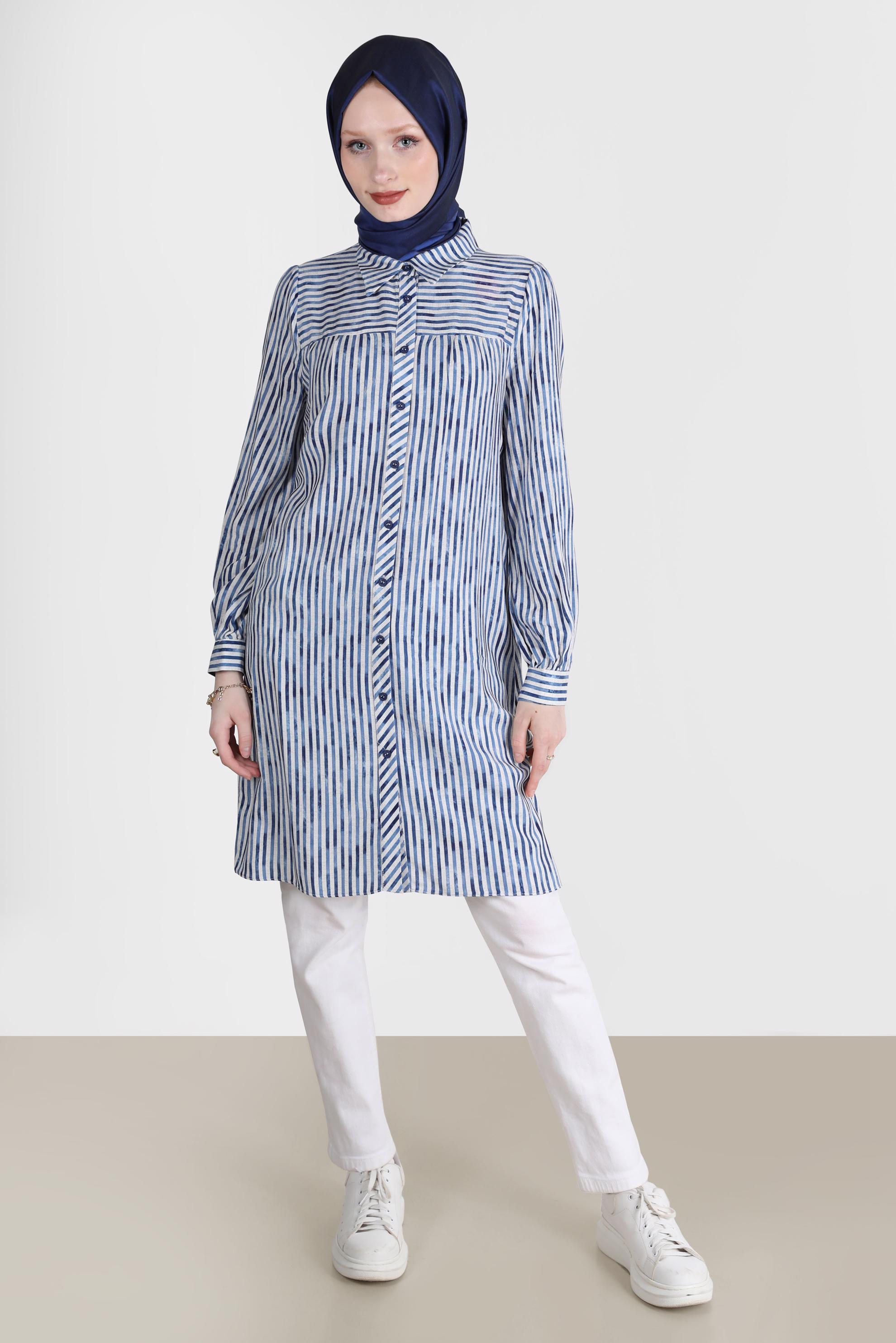 Tesettür giyim LACİVERT ÇİZGİLİ DESENLİ TUNİK 42662