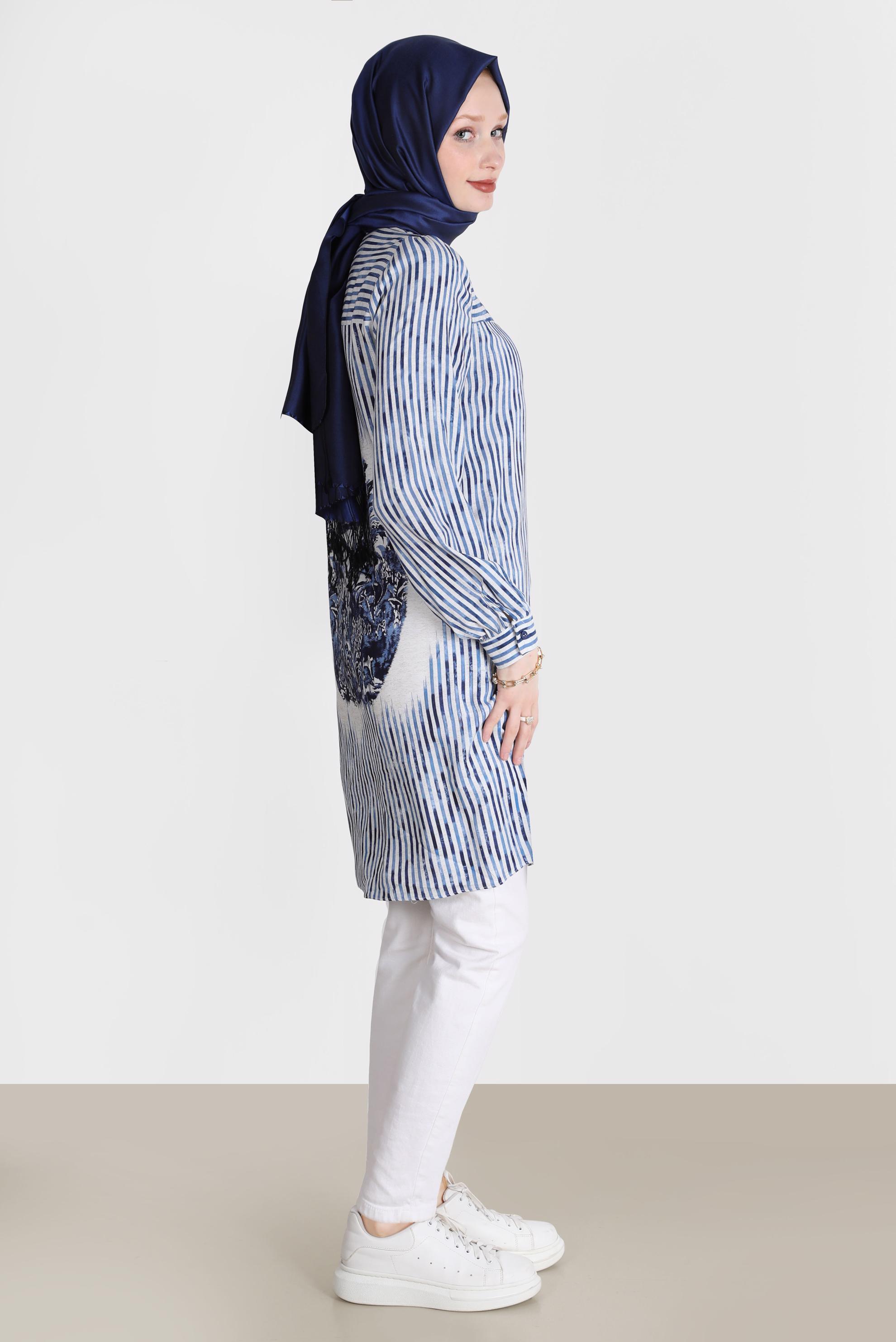 Tesettür giyim LACİVERT ÇİZGİLİ DESENLİ TUNİK 42662