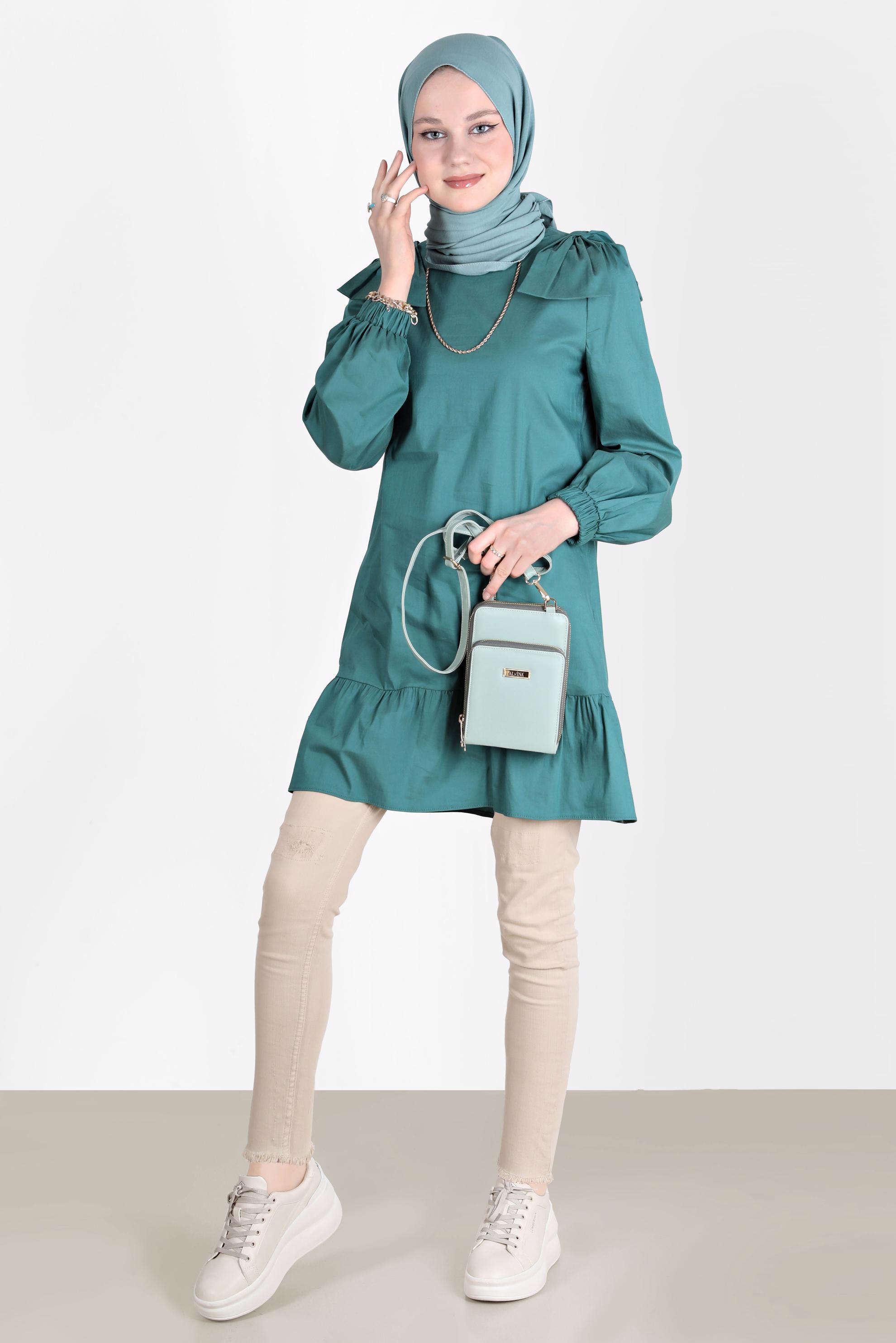 Tesettür giyim YEŞİL FİYONK DETAYLI TUNİK 42663 