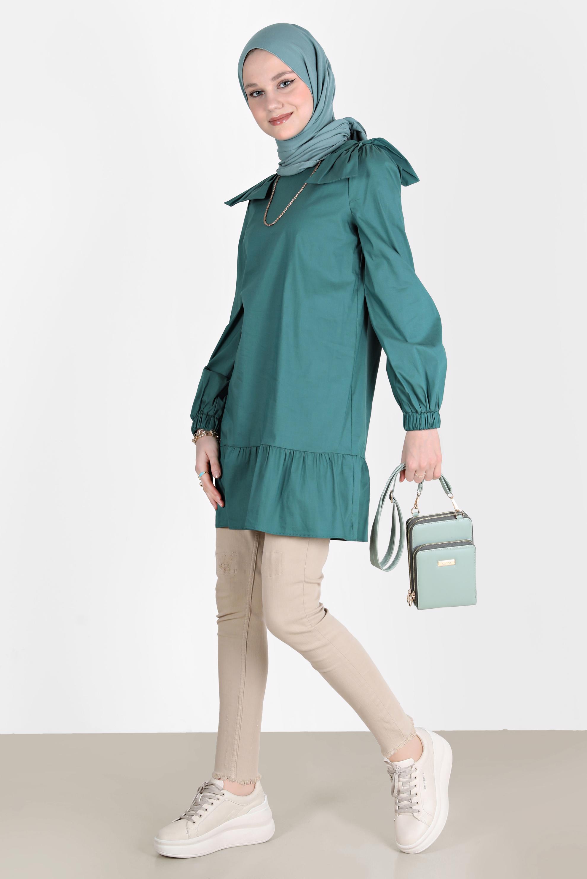 Tesettür giyim YEŞİL FİYONK DETAYLI TUNİK 42663 