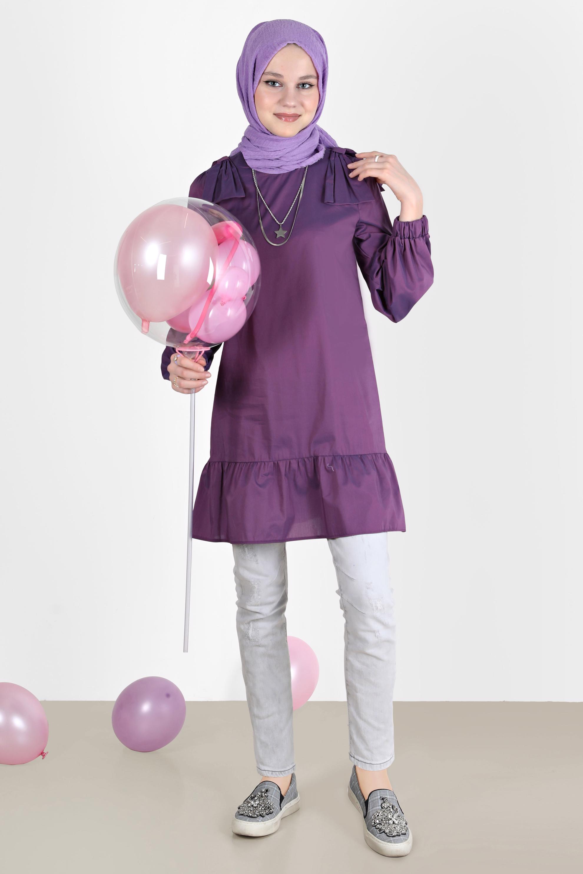 Tesettür giyim MOR FİYONK DETAYLI TUNİK 42663 