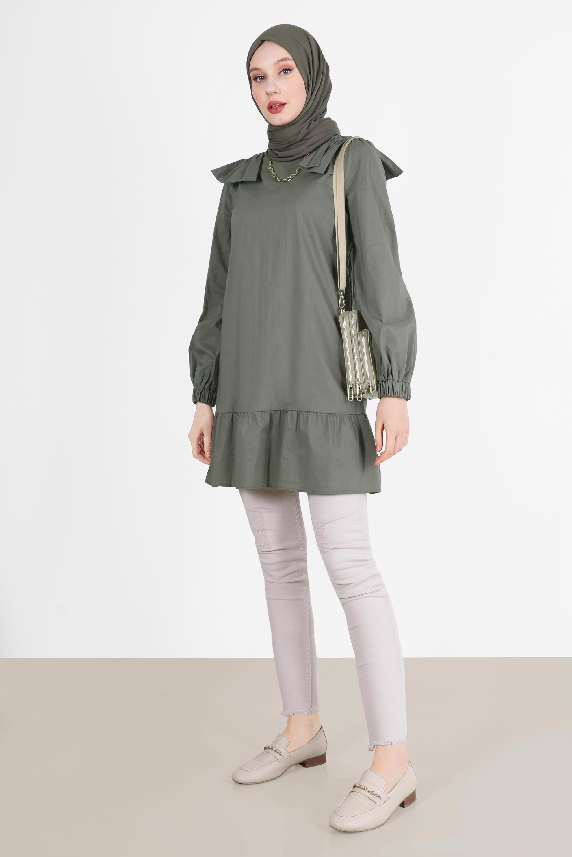 Tesettür giyim HAKİ FİYONK DETAYLI TUNİK 42663 