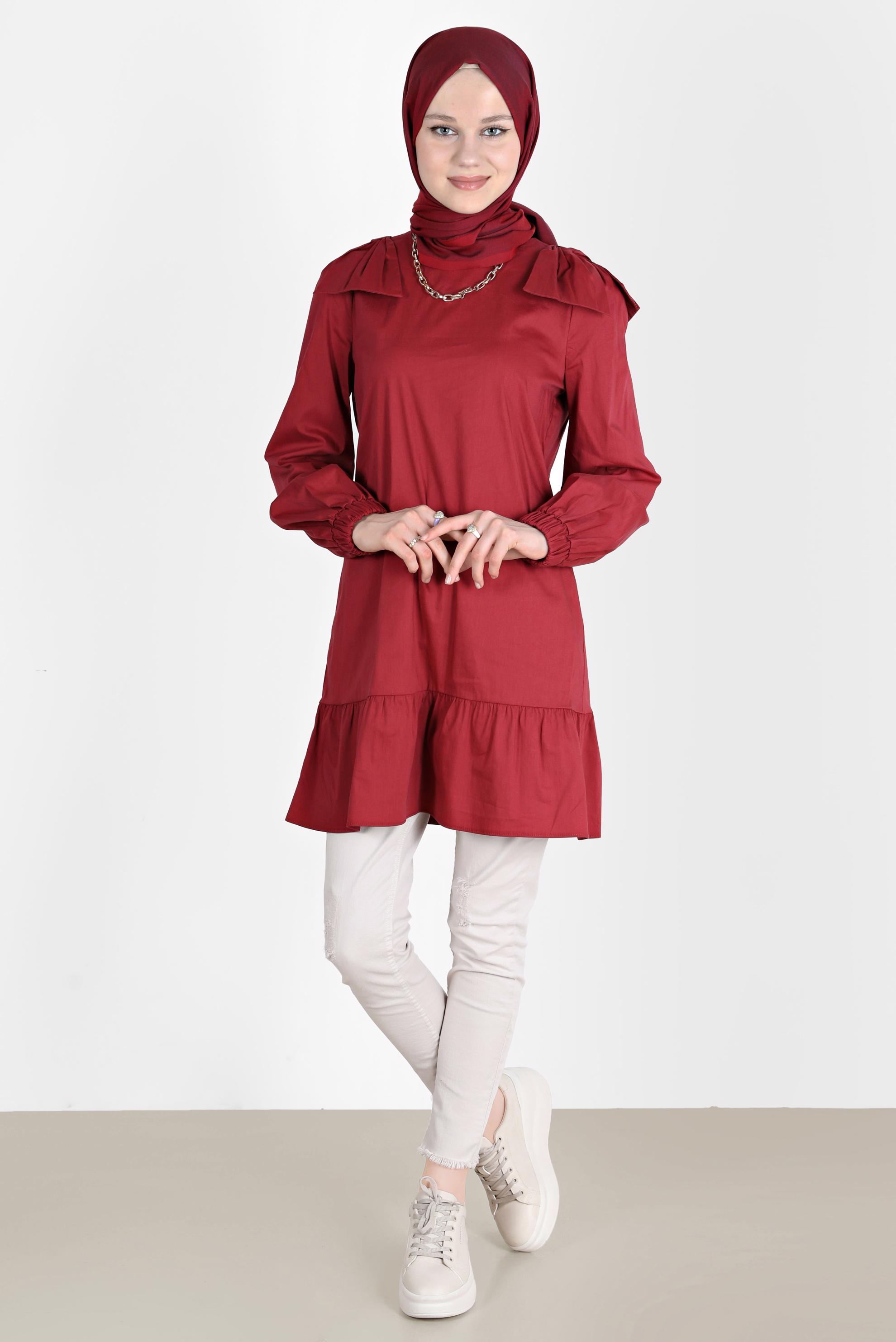 Tesettür giyim BORDO FİYONK DETAYLI TUNİK 42663 