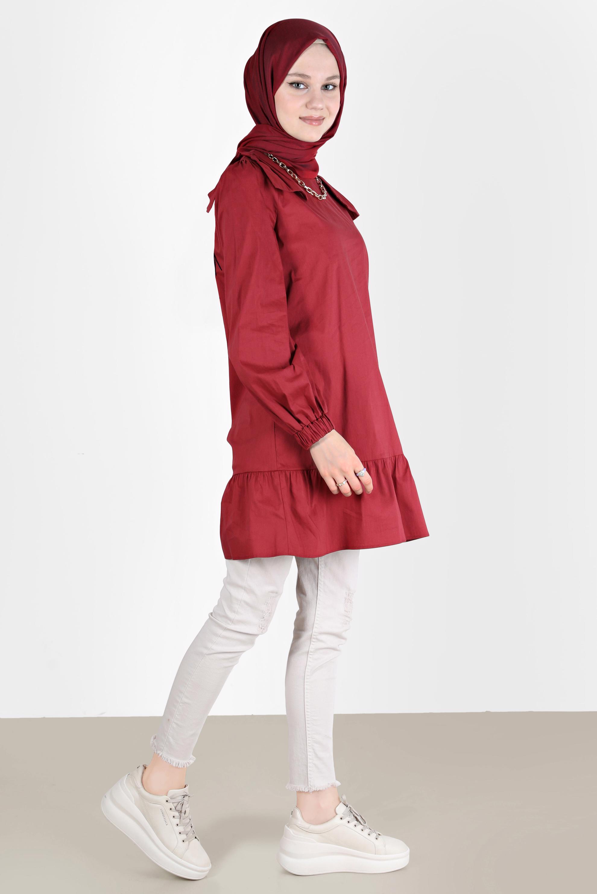 Tesettür giyim BORDO FİYONK DETAYLI TUNİK 42663 