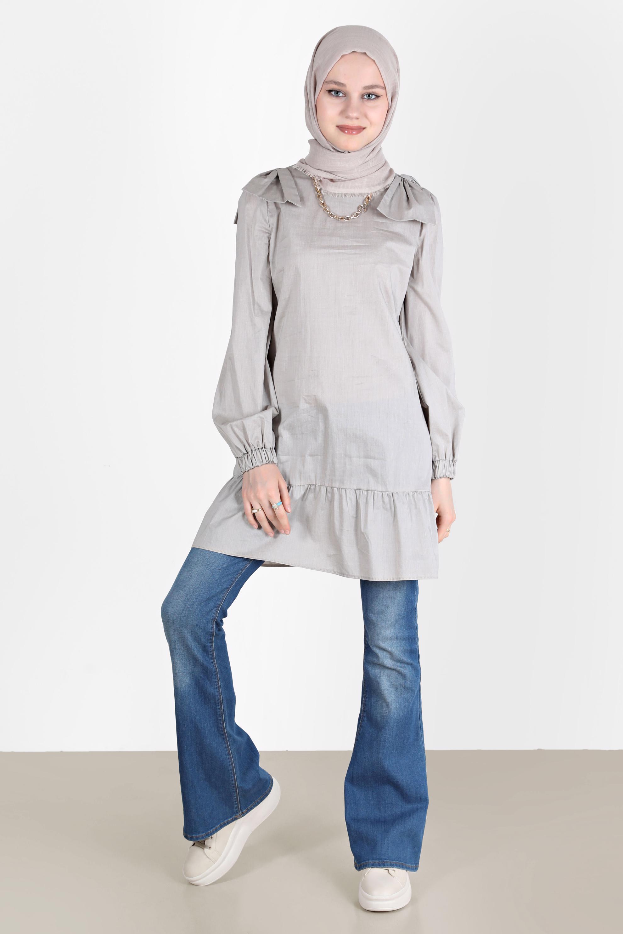 Tesettür giyim BEJ FİYONK DETAYLI TUNİK 42663 