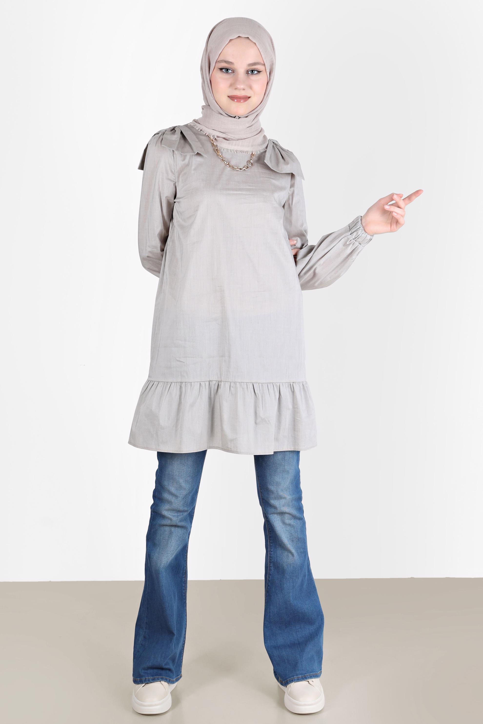 Tesettür giyim BEJ FİYONK DETAYLI TUNİK 42663 