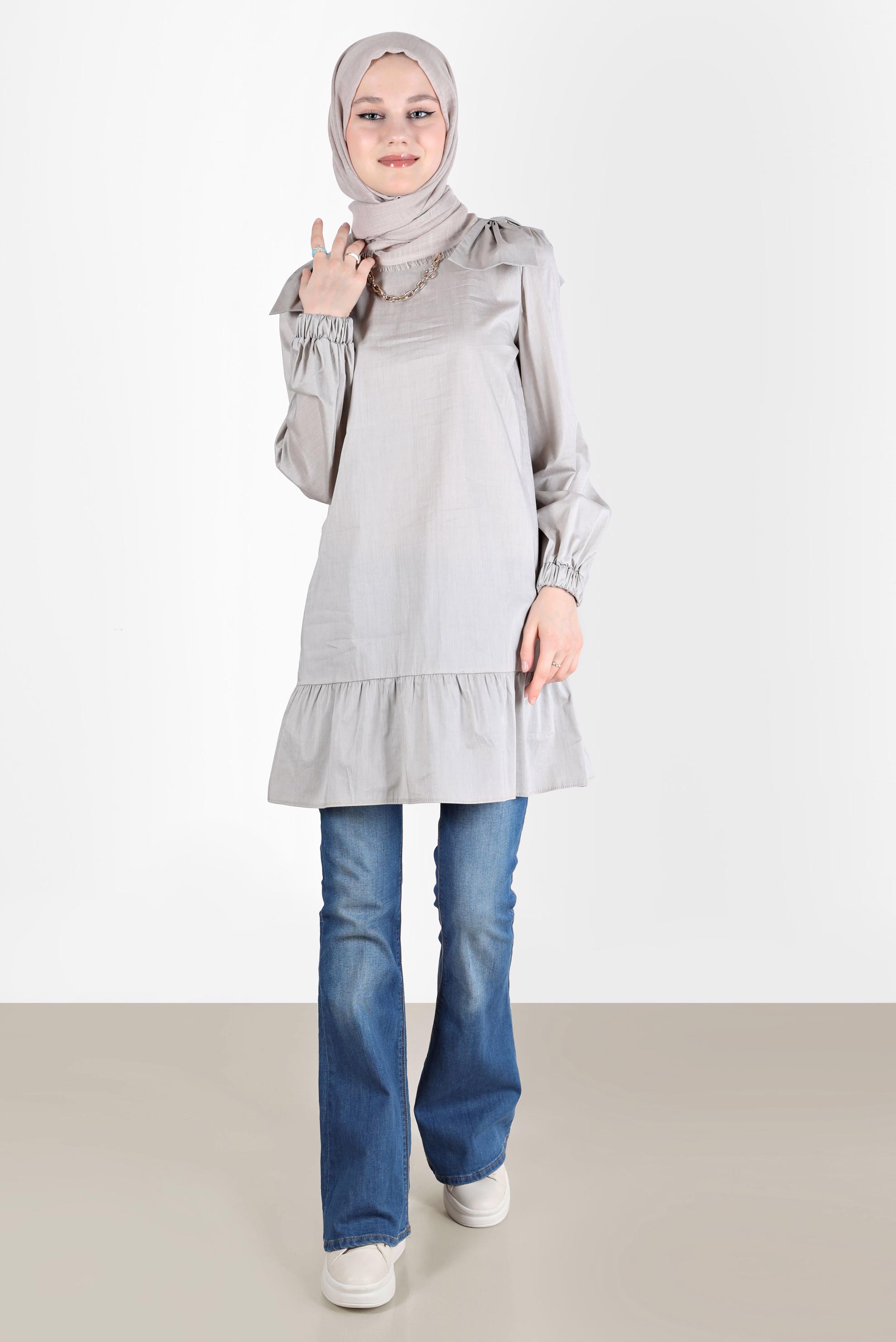 Tesettür giyim BEJ FİYONK DETAYLI TUNİK 42663 