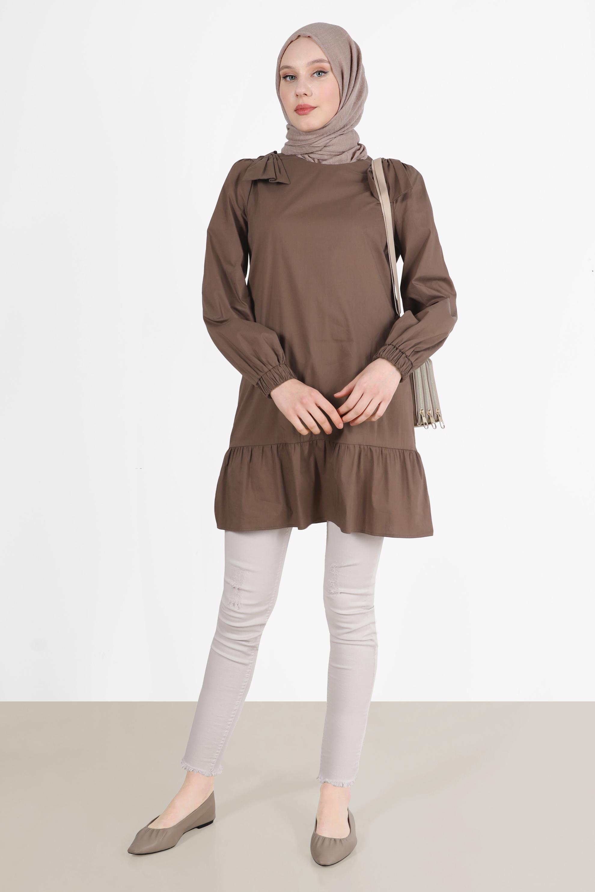 Tesettür giyim KAHVE FİYONK DETAYLI TUNİK 42663 