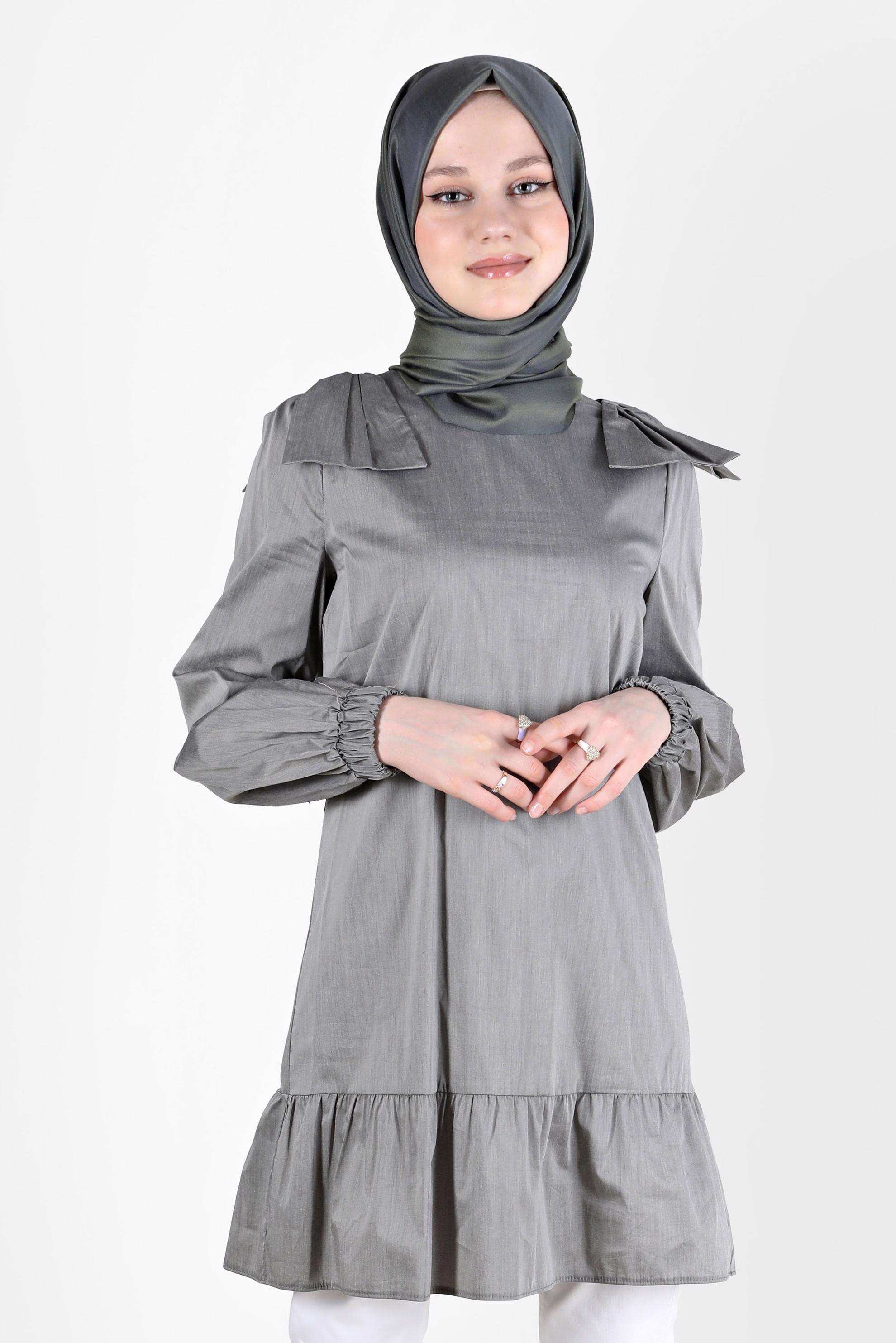 Tesettür giyim GRİ FİYONK DETAYLI TUNİK 42663 