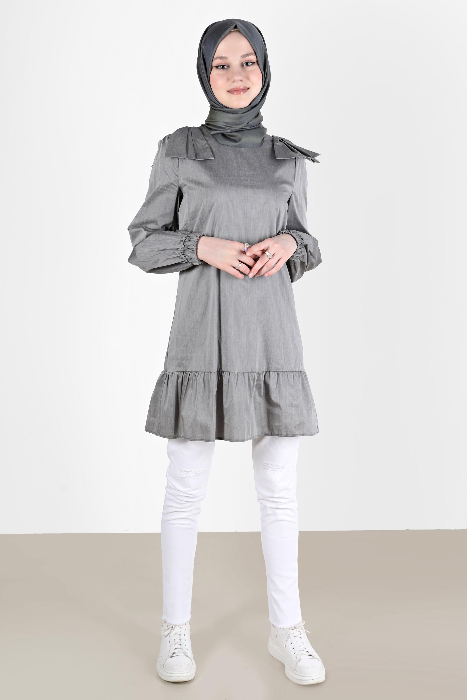 Tesettür giyim GRİ FİYONK DETAYLI TUNİK 42663 