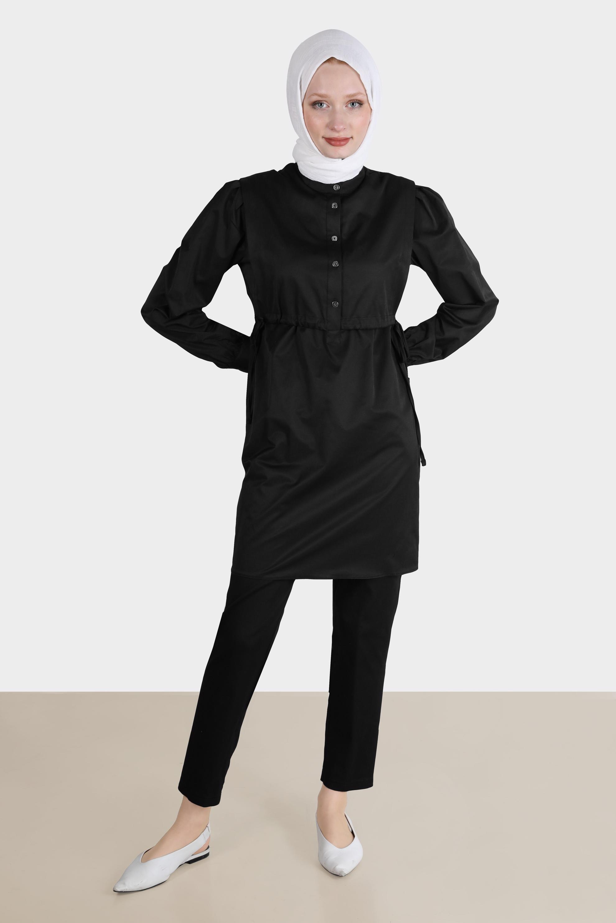 Tesettür giyim SİYAH BELİ BÜZGÜLÜ DÜĞMELİ TUNİK 42664 