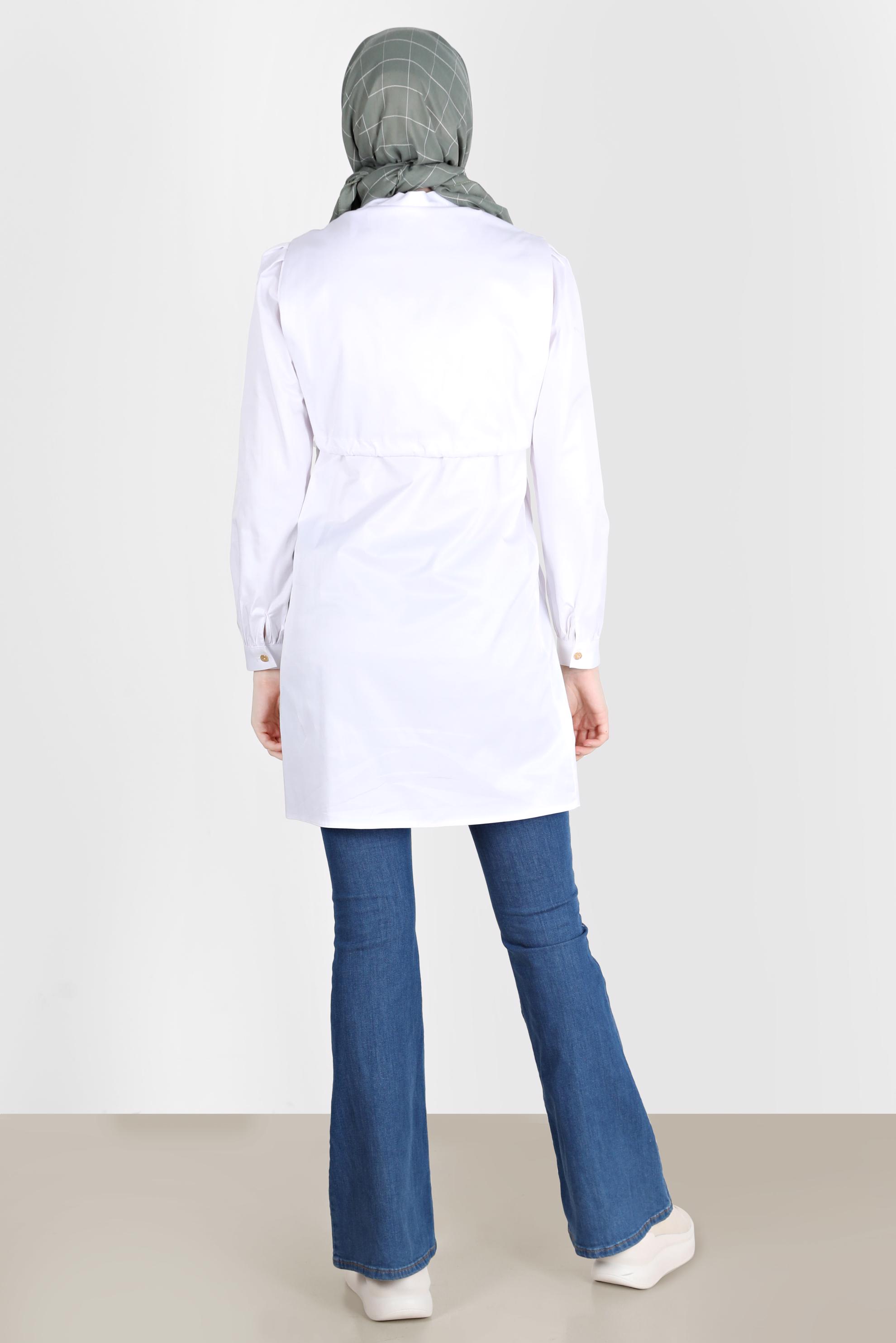 Tesettür giyim BEYAZ BELİ BÜZGÜLÜ DÜĞMELİ TUNİK 42664 