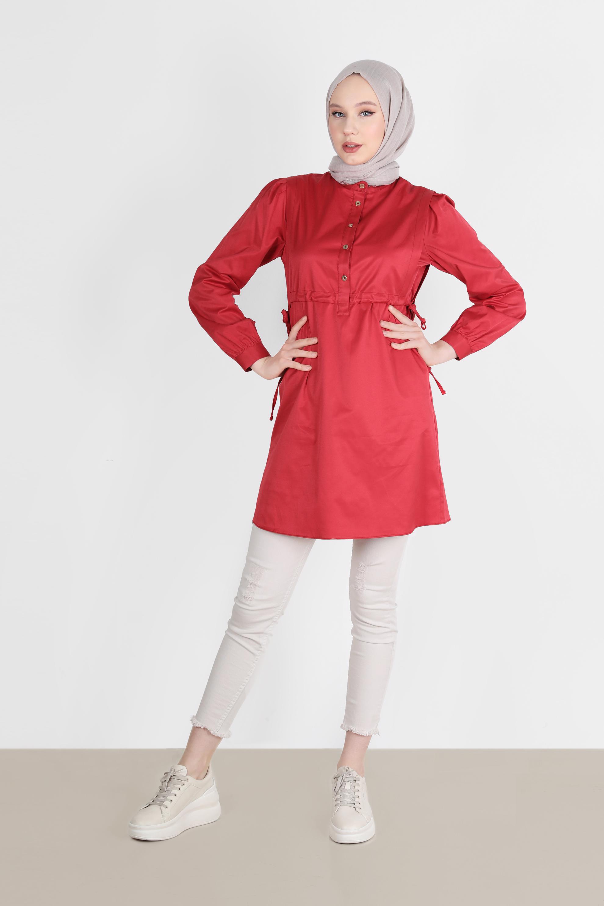 Tesettür giyim BORDO BELİ BÜZGÜLÜ DÜĞMELİ TUNİK 42664 