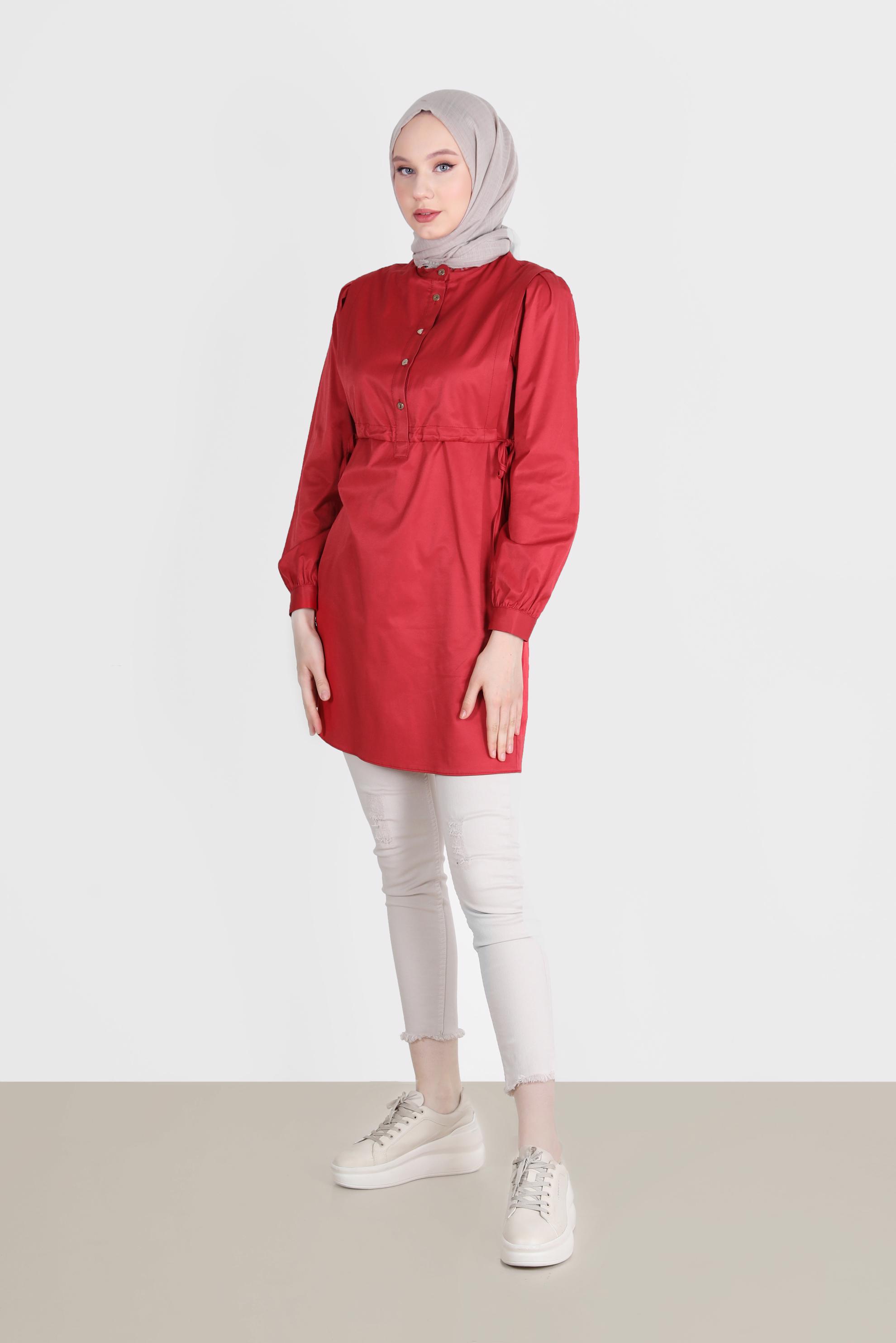 Tesettür giyim BORDO BELİ BÜZGÜLÜ DÜĞMELİ TUNİK 42664 