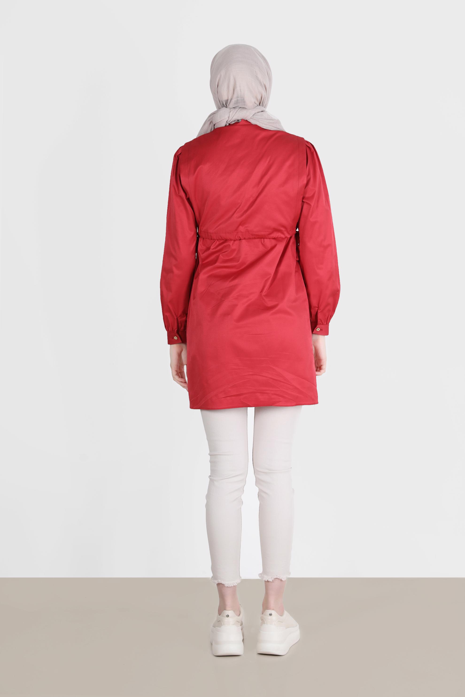 Tesettür giyim BORDO BELİ BÜZGÜLÜ DÜĞMELİ TUNİK 42664 