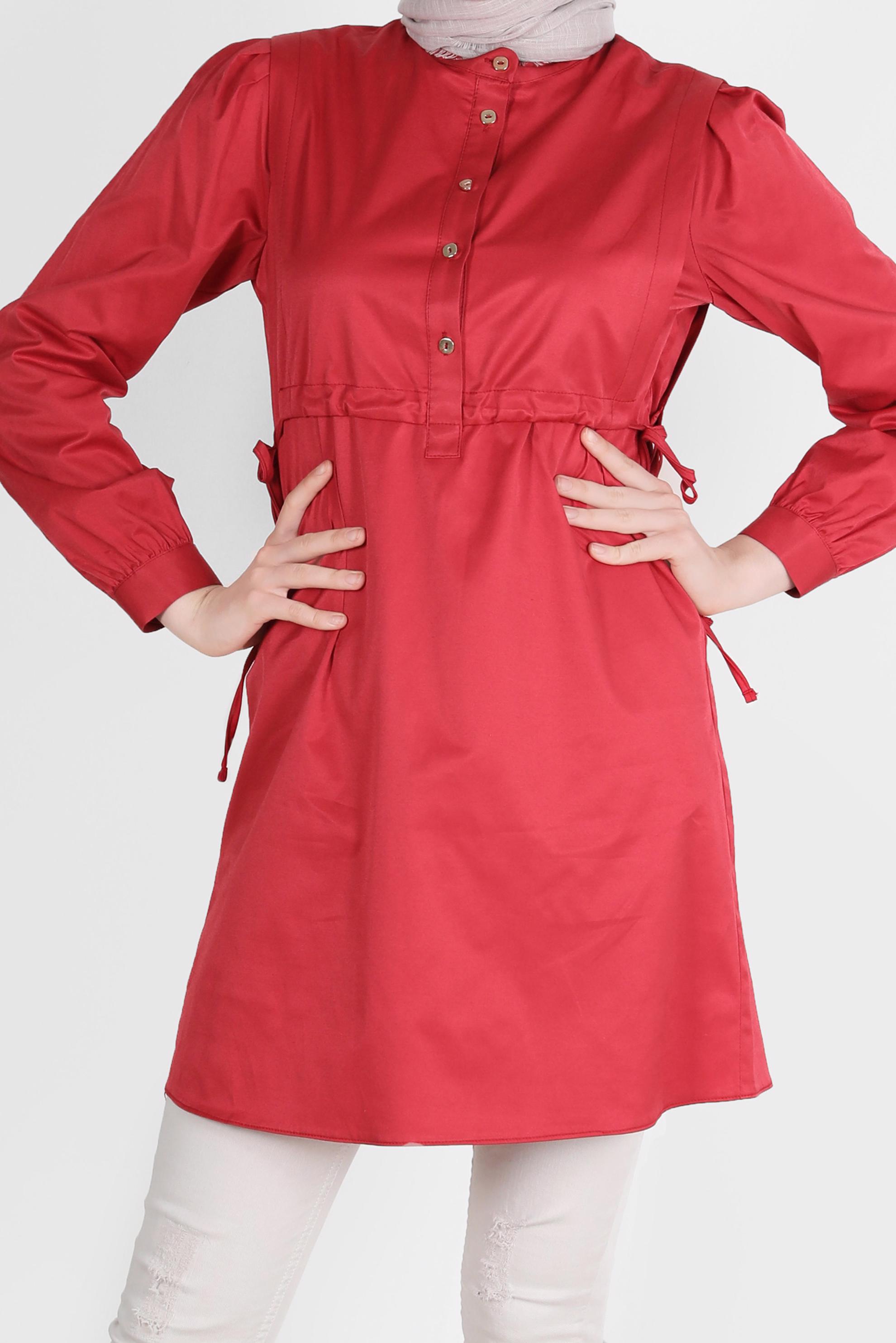 Tesettür giyim BORDO BELİ BÜZGÜLÜ DÜĞMELİ TUNİK 42664 