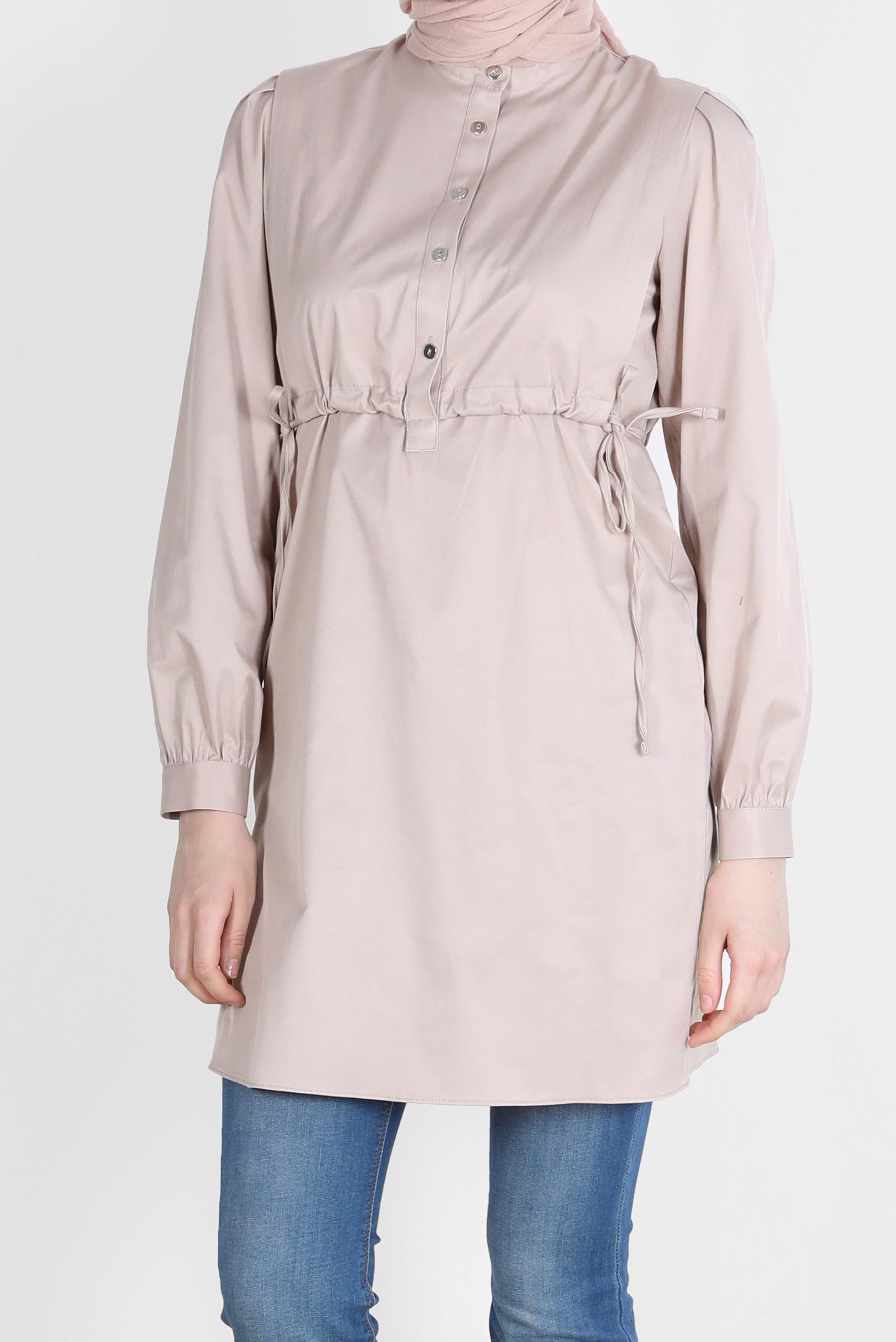 Tesettür giyim BEJ BELİ BÜZGÜLÜ DÜĞMELİ TUNİK 42664 