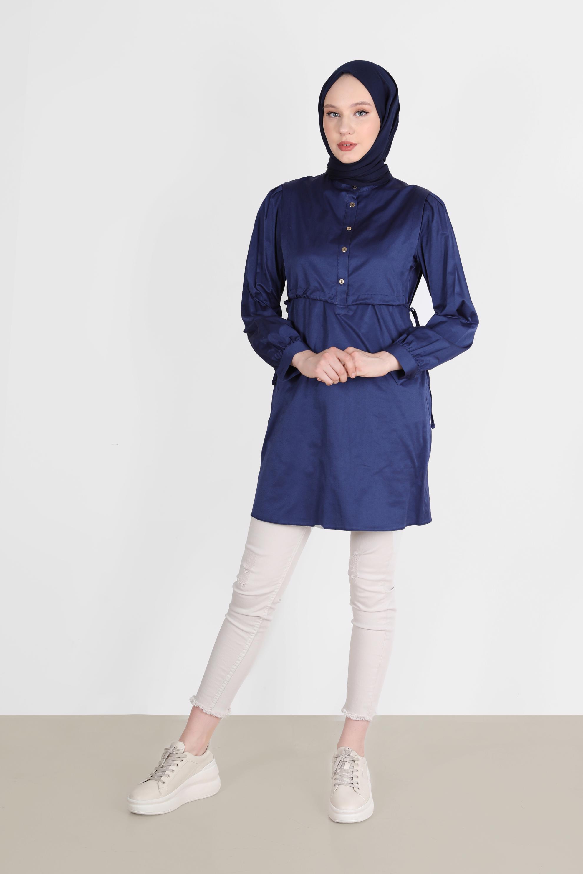 Tesettür giyim LACİVERT BELİ BÜZGÜLÜ DÜĞMELİ TUNİK 42664 