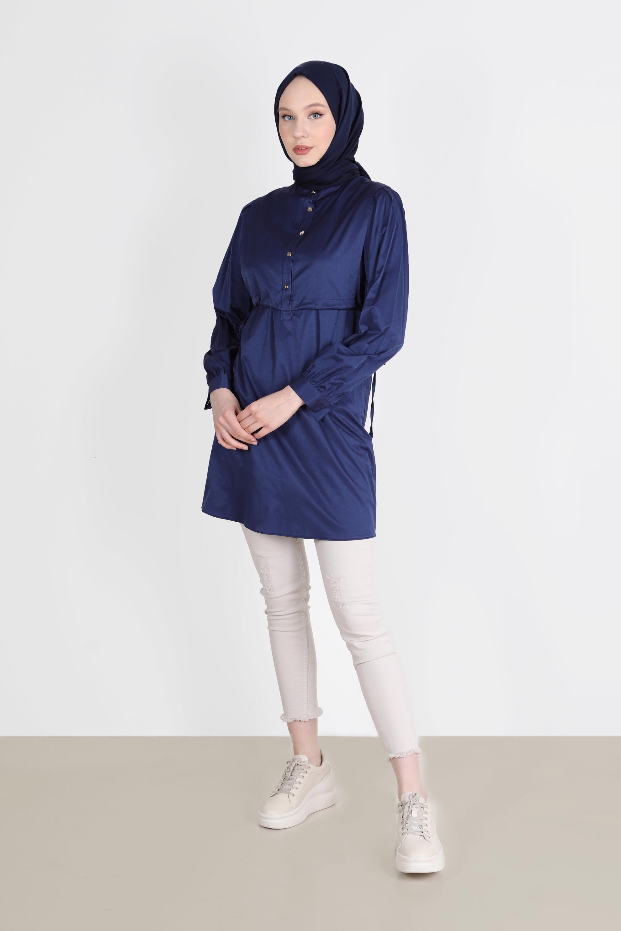 Tesettür giyim LACİVERT BELİ BÜZGÜLÜ DÜĞMELİ TUNİK 42664 